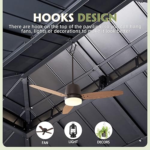 Miniatura 9 de MELLCOM Cenador de 12 x 16 pies, acabado de madera, marco de aluminio más grueso con techo de acero galvanizado, cenador de patio al aire libre con