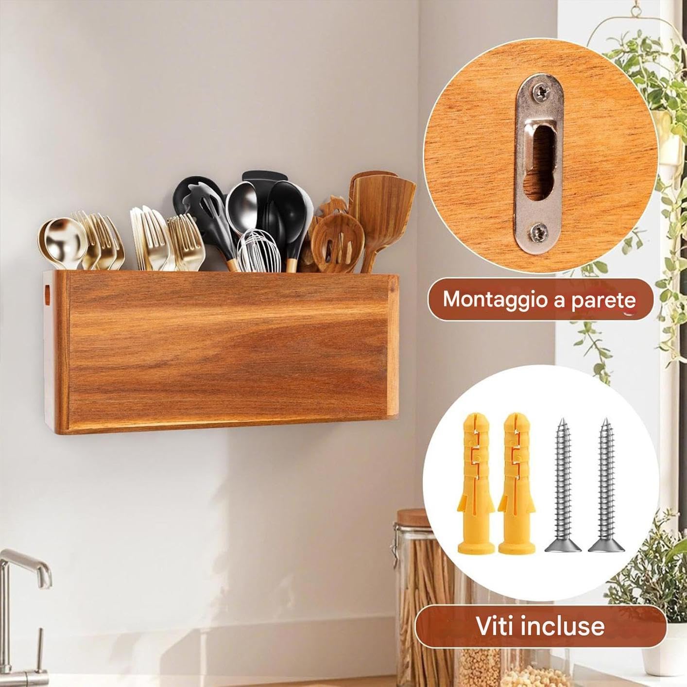 Portautensili da cucina in legno – Organizer rustico per posate con scomparti, supporto per posate in legno naturale, scatola portaposate durevole, divisore da tavolo per coltelli, forchette, cucchiai