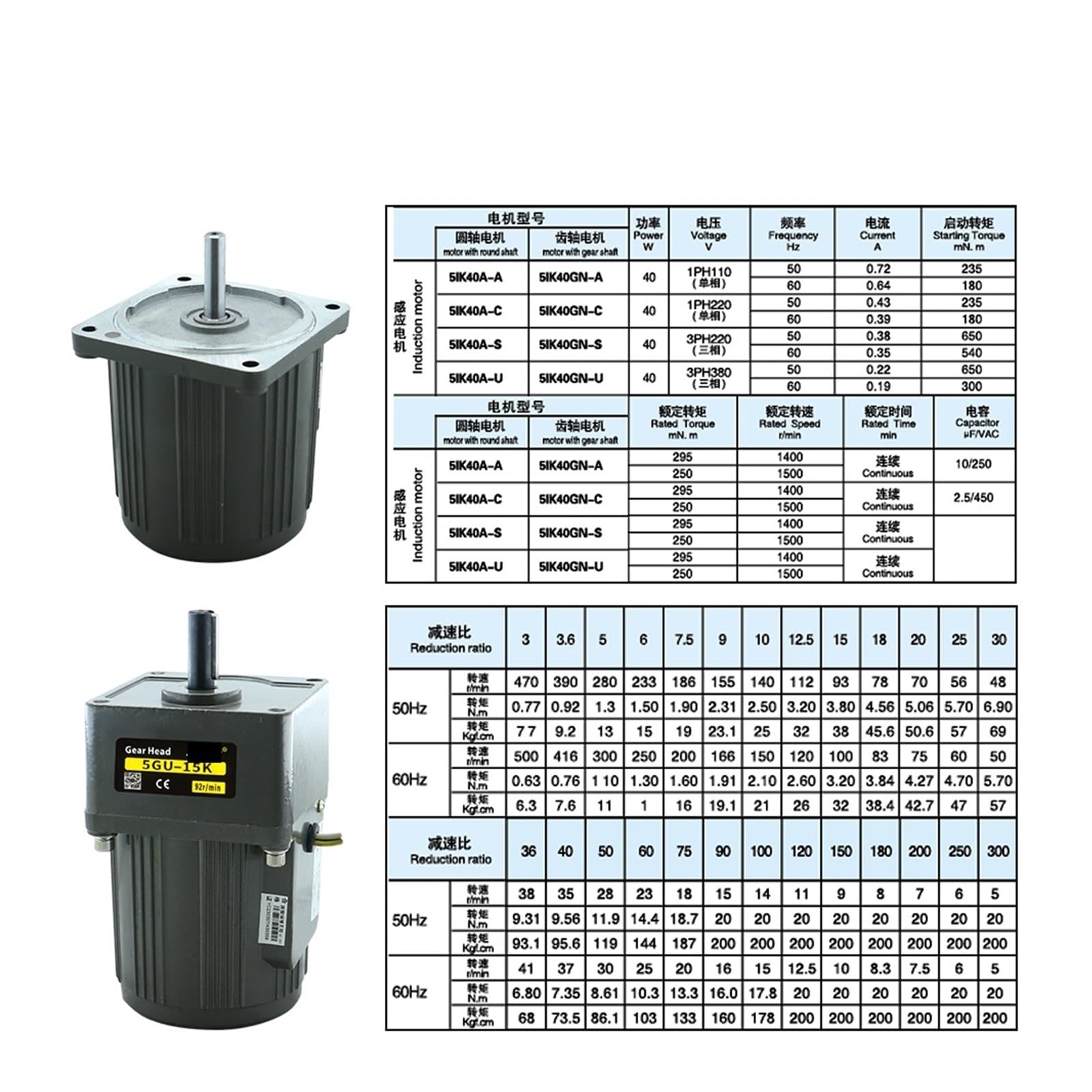 Motor 40 W Wechselstrommotor 1 Phase 220 V 50/60 Hz Asynchronmotor Induktionsmotor Welle 12 mm Gleichstrommotor(390rpm)