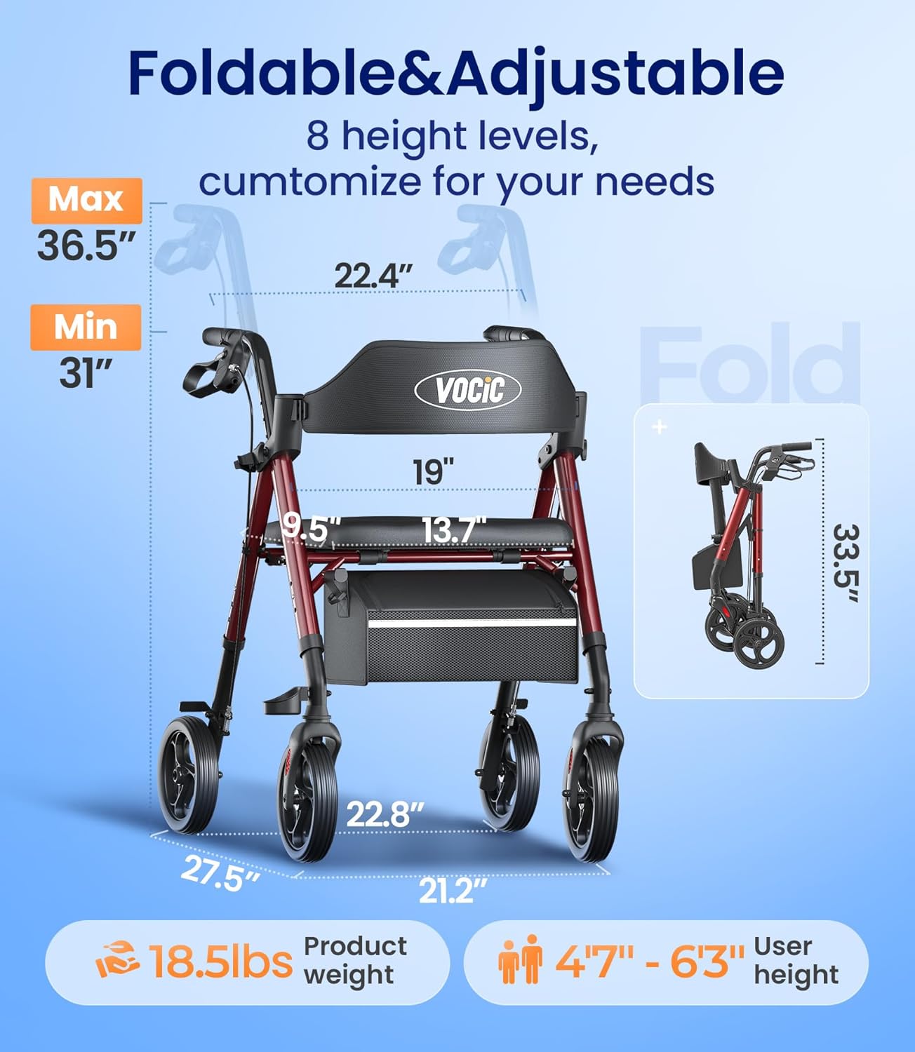 VOCIC Walkers for Seniors, Z21 Rollator Walker with Seat Supports 350lb, 8" Big Wheels for All Terrain, Ergonomic Arc Seat & 6" Ultra Backrest Foldable Walker, Dual Height Adjustment, Lightweight 2025 - Image 6