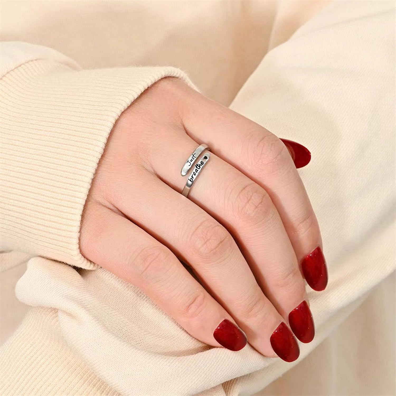 Angyape Just Breathe Ring For Women, Adjustable Inspirational Heart Rings Stainless Steel Spiral Wrap Twist Healing Rings To Sorority Sisters Open Motivational Encouragement Love Yourself Jewelry