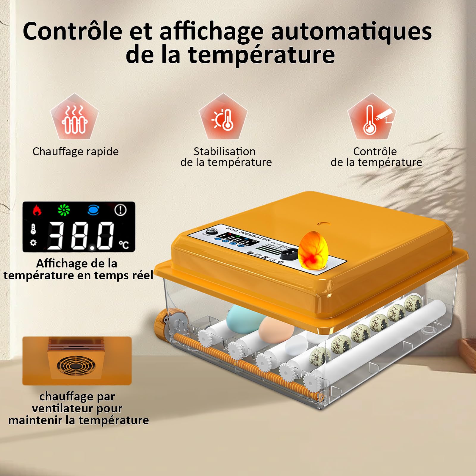 Couveuse Oeuf Automatique avec Contrôle de Température Retournement Automatique pour 16 Oeufs, Incubateur Oeuf rouleaux réglables et ajout automatique d'eau, Couveuse Mire Oeufs Intégré