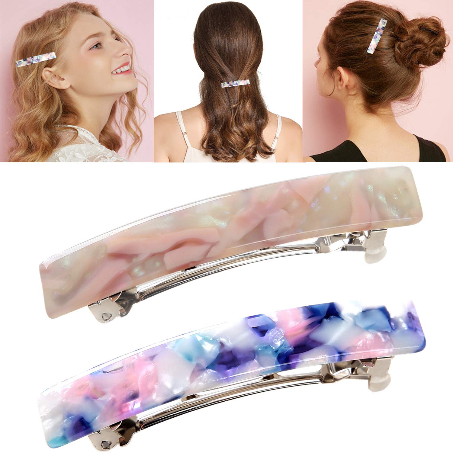 2 Pack Cellulose Acetate French Style Hair Barrettes Medium Automatic Tortoise Shell Rectangle Hair Clip for Women