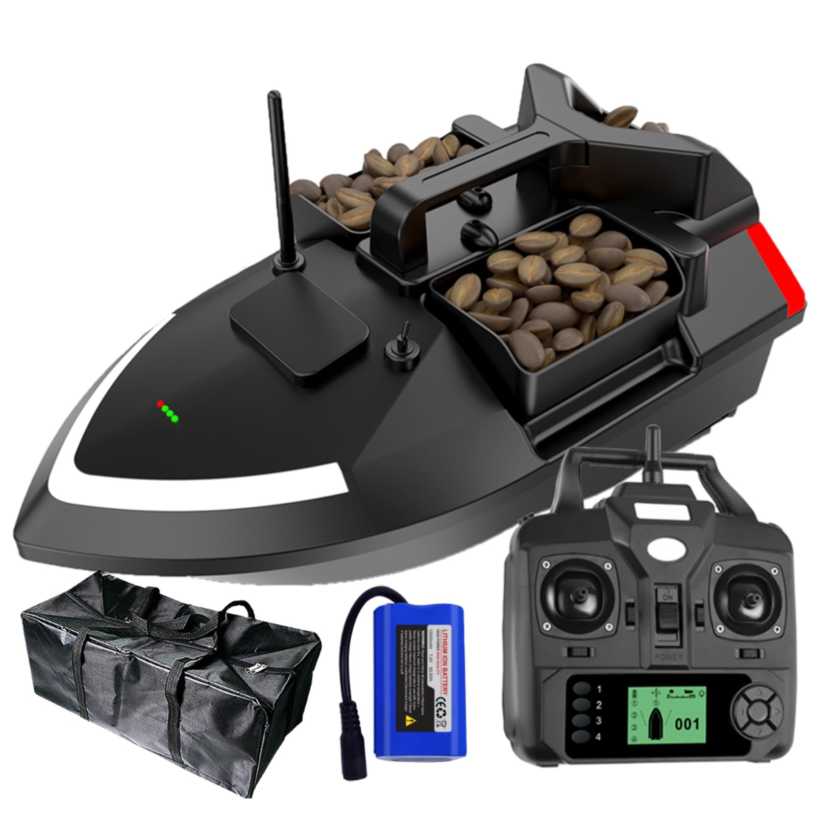 Barco de pesca con GPS, 500 m, RC, señuelo de pesca, mando a distancia, doble motor, barco LED con GPS y mando a distancia LCD (negro)