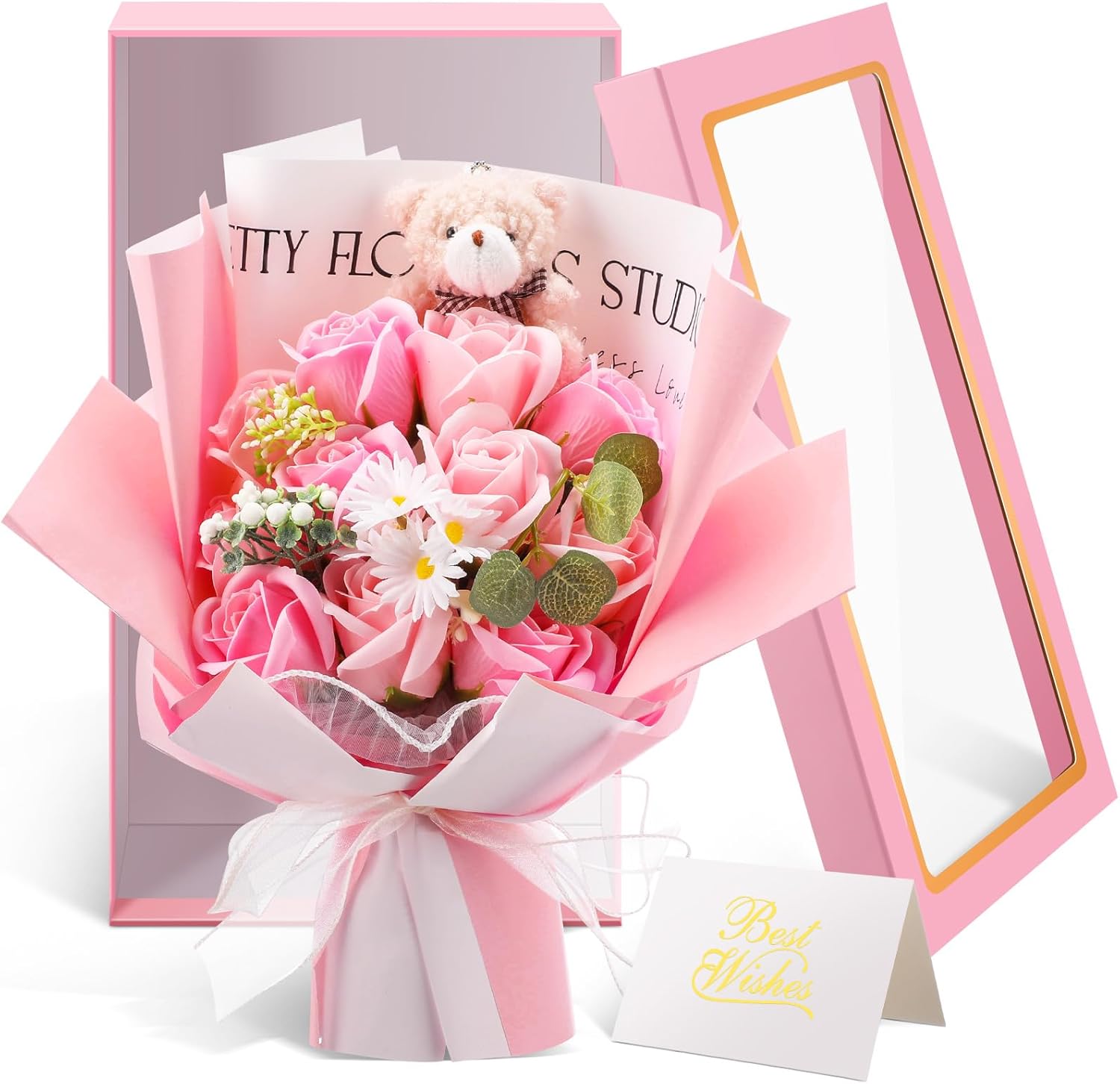 Suncalla Mother's Day Rose Flowers Bouquet with Bear and Gift Box 11 Scented Soap Flowers Artificial Rose Bouquet for Women Mom Birthday Anniversary Wedding Gift, 12.6 x 7.1 Inches(Purple)