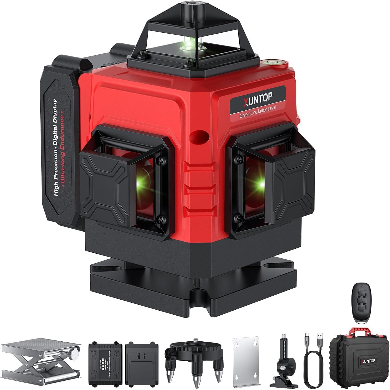 XUNTOP Laser Level, 4×360° 16 Lines Green Self-Levelling Laser with Remote Control, Pulse Mode, Aluminium Lifting Base & IP54 Waterproof Lazer Level Tool for Tiling, Ceiling, Cabinet Installation