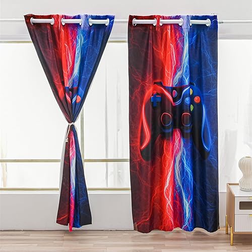 Vista 9 de Meeting Story Cortinas opacas para dormitorio de niños, teñido anudado, rayos de teñido anudado, 2 paneles (rojo, 42 x 63 pulgadas)