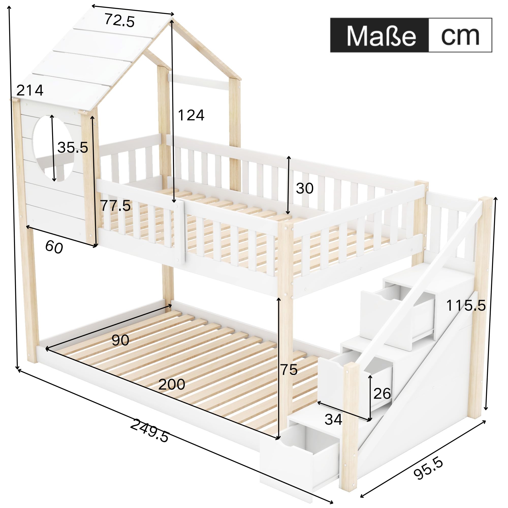 Lettino A Soppalco Baumhaus 90x200 Cm In Legno Di Pino – Con Rete A Doghe E Scala | Letto Per 2 Bambini Con Protezione Anti-Caduta