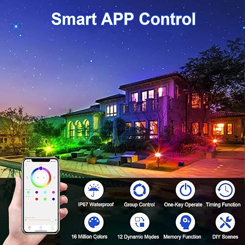 Vista 3 de Foco, focos de 15 W para exteriores, RGB IP67, impermeables, focos de paisaje con Bluetooth regulable para patio inteligente LED, 12 V, bajo