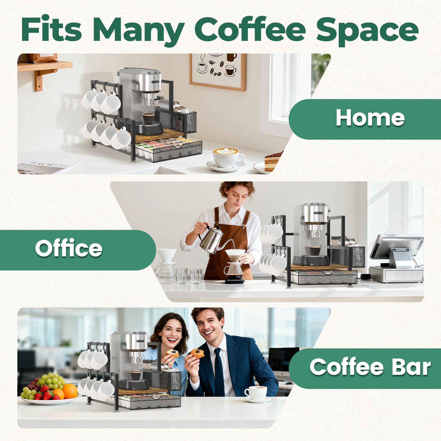 EsLuker.ly Organizer per stazioni da bar con cassetto per tazze K, con 7 ganci per tazze, per piano di lavoro, supporto per macchina da caffè in legno, per casa e ufficio, salvaspazio, per gli amanti