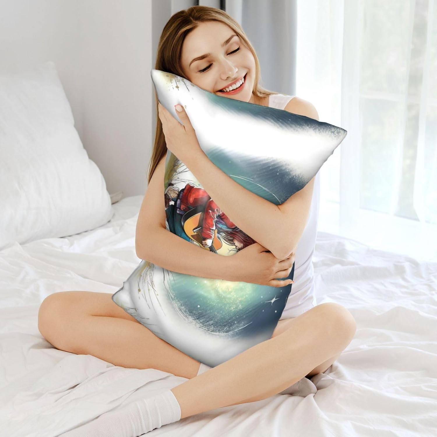 Satin Pillowcase for Hair and Skin, Guitar Girl Pillow Cover Queen Size 20x30 Inch Soft Smooth Breathable Cooling Silky Pillow Cases with Hidden Zipper, Gifts for Women Men