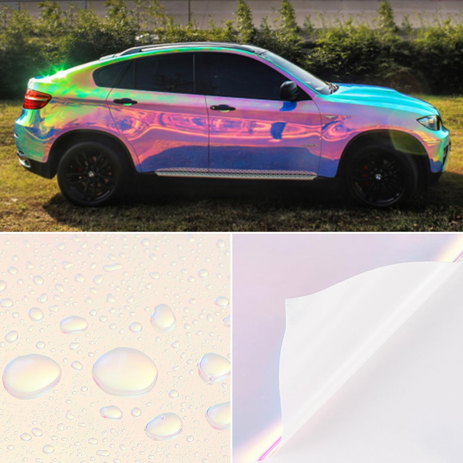 Holographic Laser White Rainbow Finished Chrome Car Vinyl Wrap Glossy Color Change Adhesive Car Vinyl Roll 53'' x 39.37''