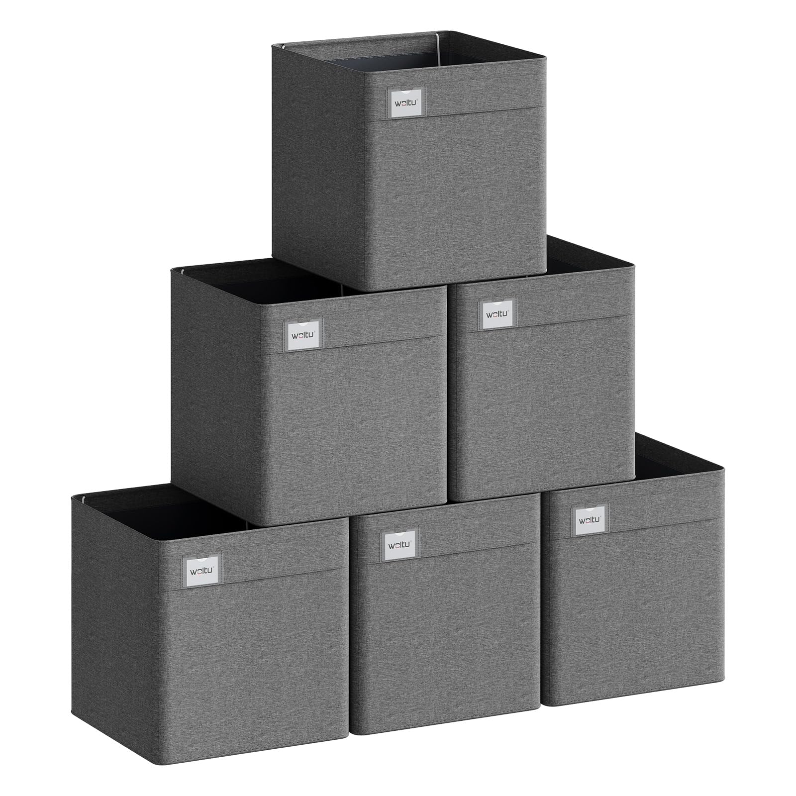 Woltu Grey Collapsible Storage Boxes Set Of 6, Fabric Storage Cubes With Label Holders And Handles, Wardrobe Organisers For Shelves, Living Room, Office, Bedroom, Dark 29.5X29.5x29cm