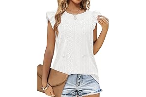 Summer Crewneck Tank Top for Women Ruffle Sleeve Blouses Fashion Eyelet