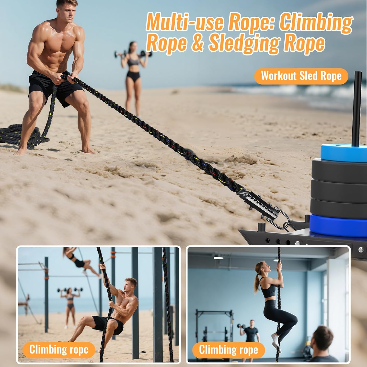 Workout Weight Sled Pull Rope - 1.5 Inch Dia. 40Ft Heavy Duty Exercise Rope for Sled Pulls, Tire Pulling, Football Training - Fitness Resistance Gym Equipment for Men & Women