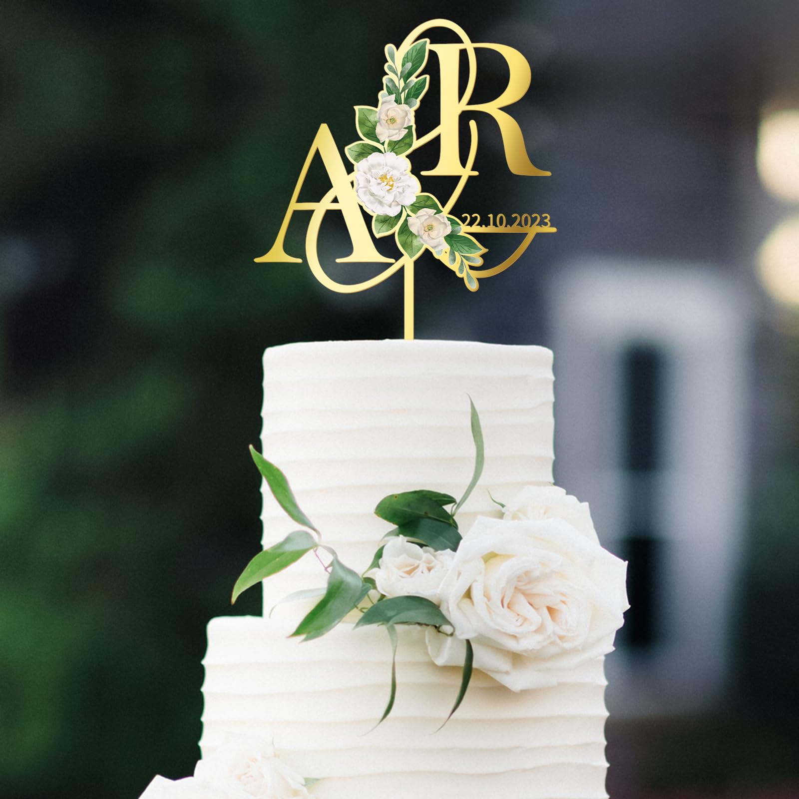 Party to Be Personalized Wedding Cake Topper in Acrylic Custom Initials & Date Wedding Cake Decoration Printed with Flowers & Green Leaves