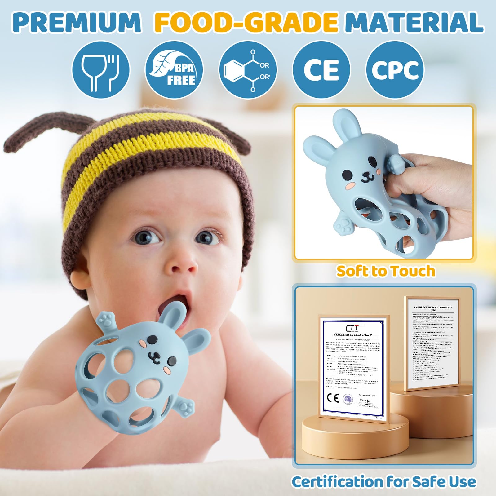 Orzbow Multiuso Massaggia Gengive Neonati Freezer, Silicone Sonaglio Neonato 0-3-6-9 mesi, Giochi Montessori con Design Openwork, Leggeri, Traspiranti, Facile Impugnare & Pulire, Blu Grigiastro