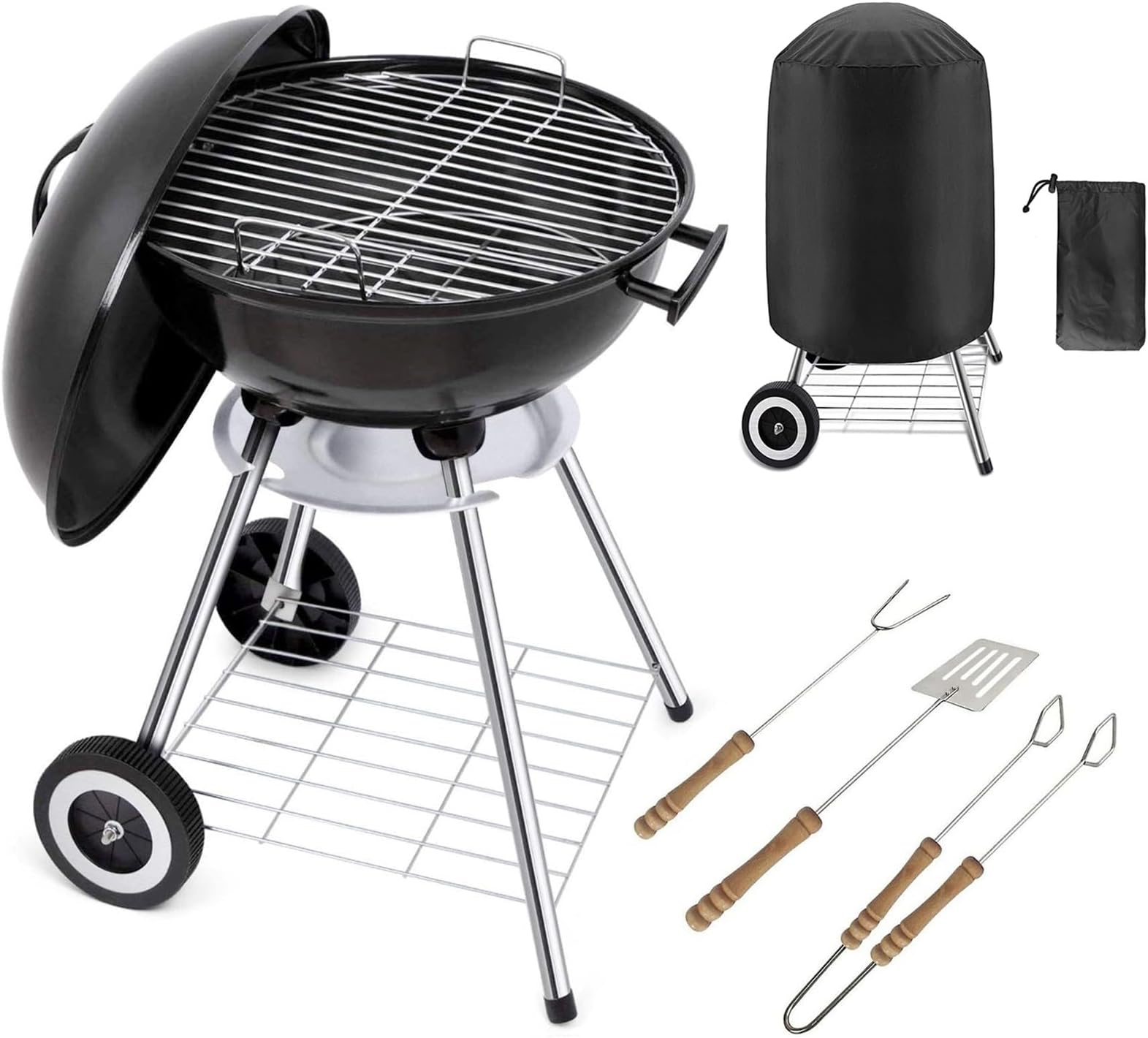 Gr8 Garden Portable 18 inch Kettle Charcoal BBQ Grill Patio Camping Barbecue Barbeque With Cooking Utensils Tools Cover Wheels Stand