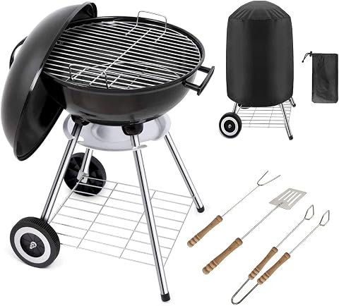 Gr8 Garden Portable 18 inch Kettle Charcoal BBQ Grill Patio Camping Barbecue Barbeque With Cooking Utensils Tools Cover Wheels Stand