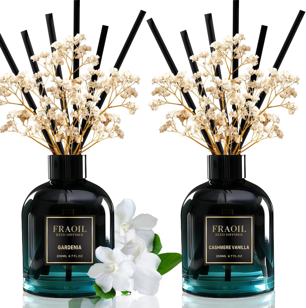 Gardenia and Cashmere Vanilla Reed Diffuser Set 6.7 fl oz (200 ml) with 6 Reed Sticks, Home Fragrance Reed Diffuser for Bathroom Shelf House Bedroom Office Decor