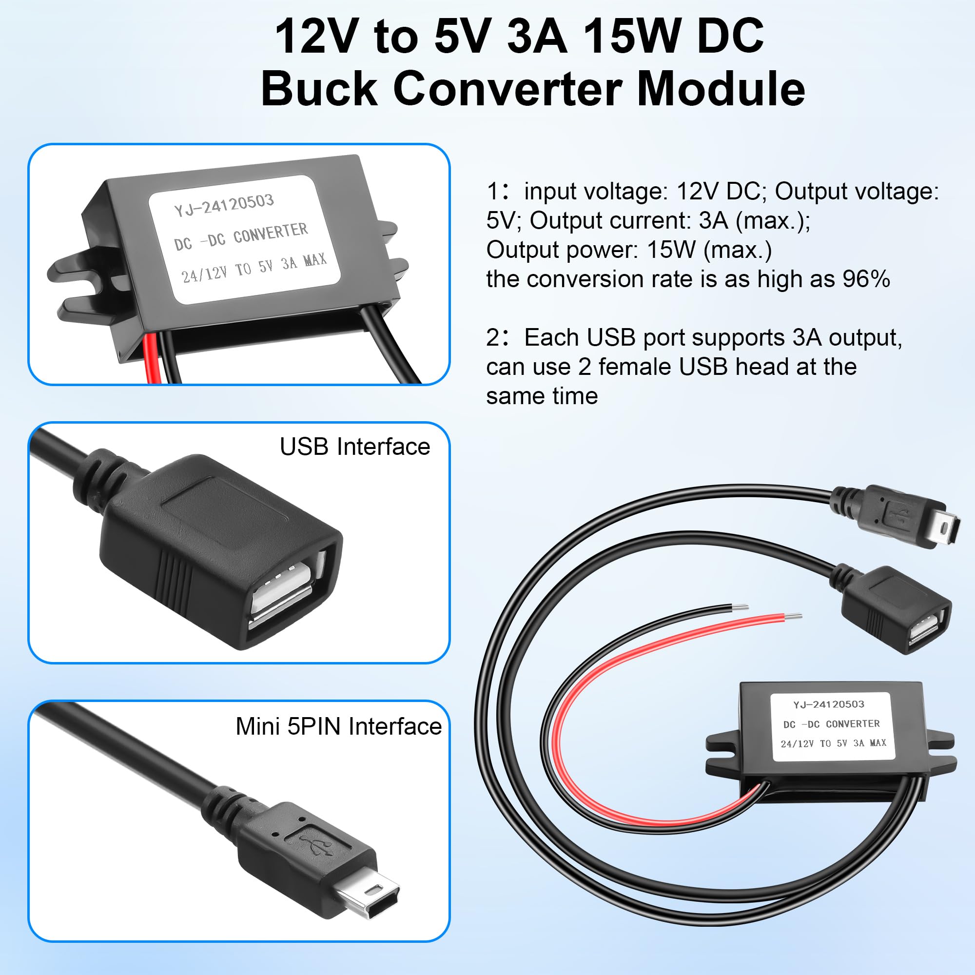 Module convertisseur Buck DC-DC 12 V à 5 V 3 A 15 W avec convertisseur adaptateur de puissance de sortie mini et USB, régulateur de tension réduite, convertisseur de puissance de voiture, adap