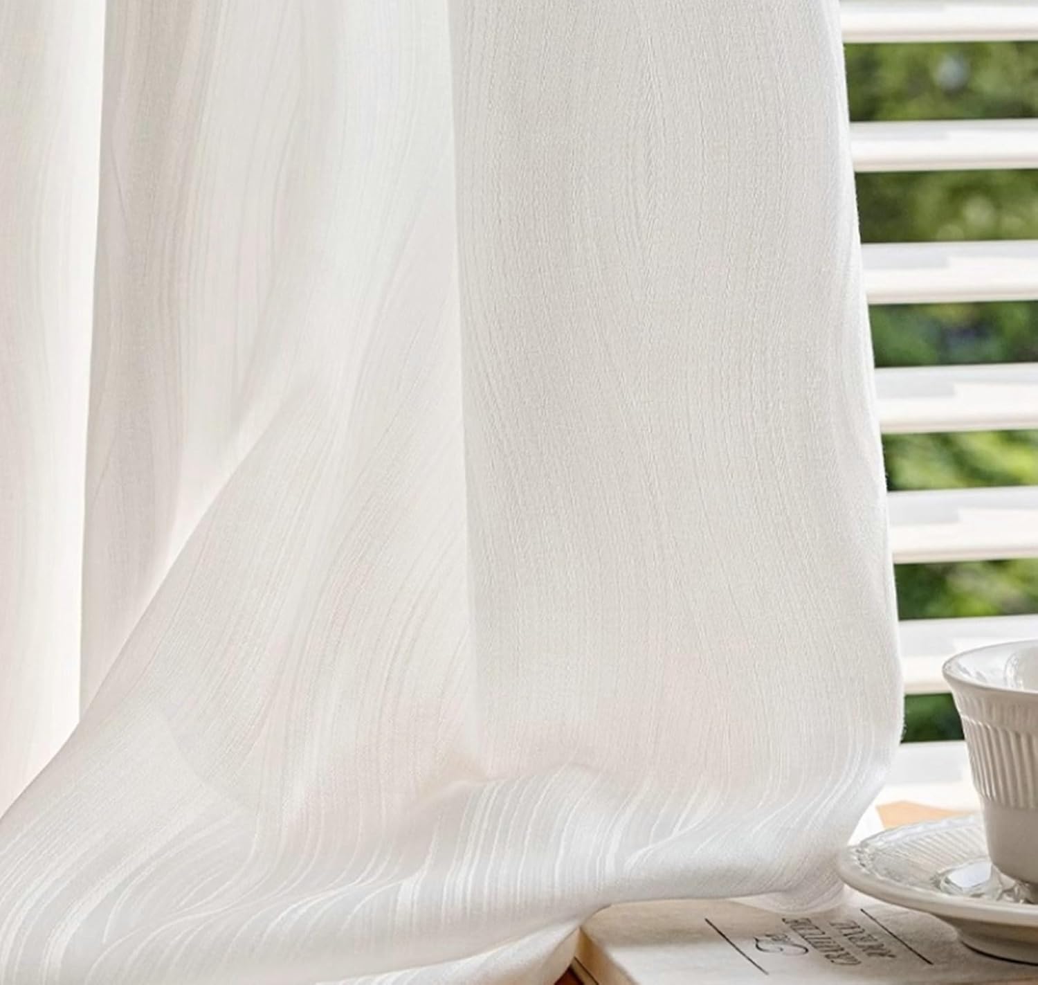 Sheer Curtains for Bedroom 2 Panels Set 52 inch Long, Polyester Transparent Curtains Hook Solid Color Wave Texture Window Treatments for Living Room White, 42 x 52 Inch
