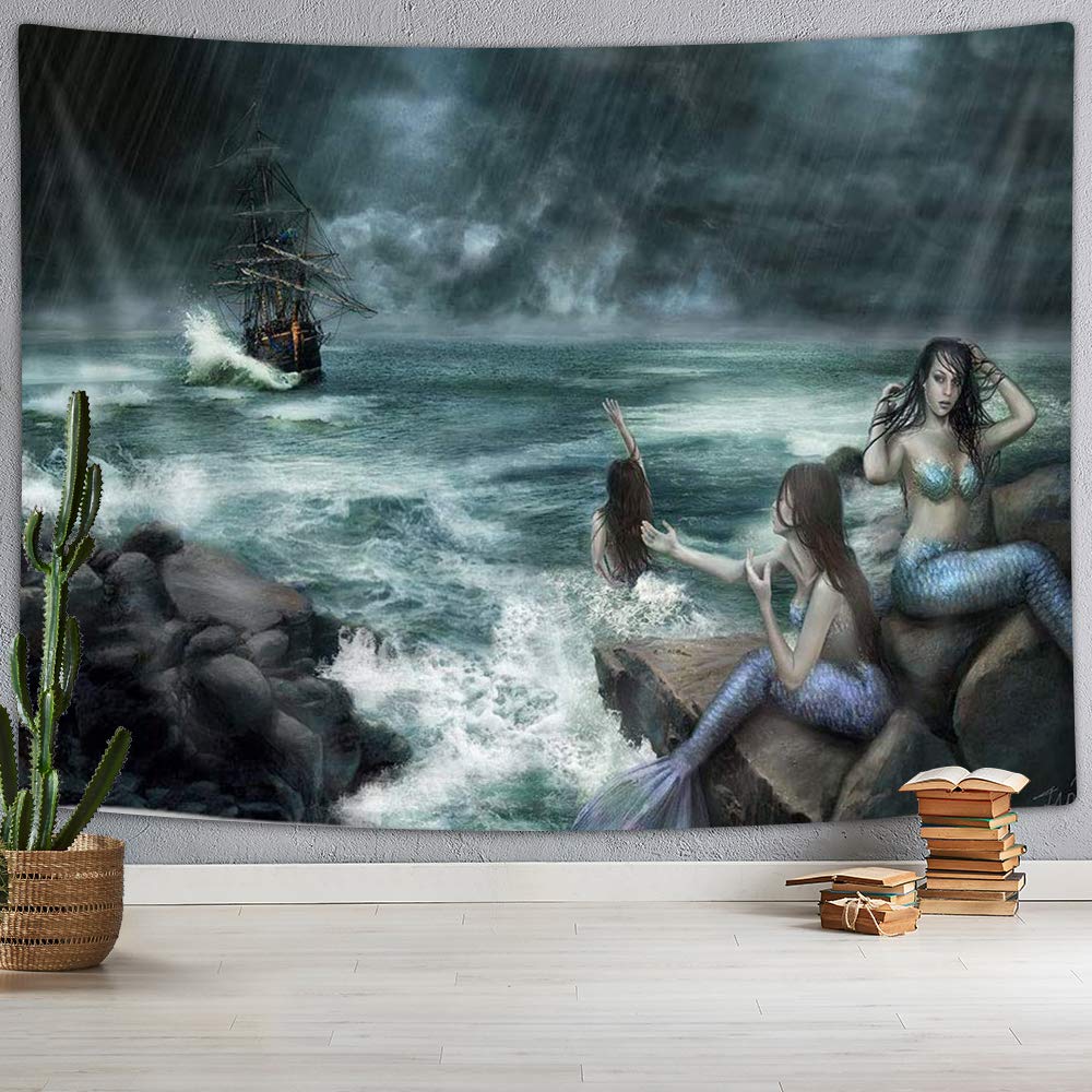 絵画壁掛け　海外で購入 Amazon.co.jp: DYNH 航海タペストリー クラーケン テーマ 海沿いの人魚