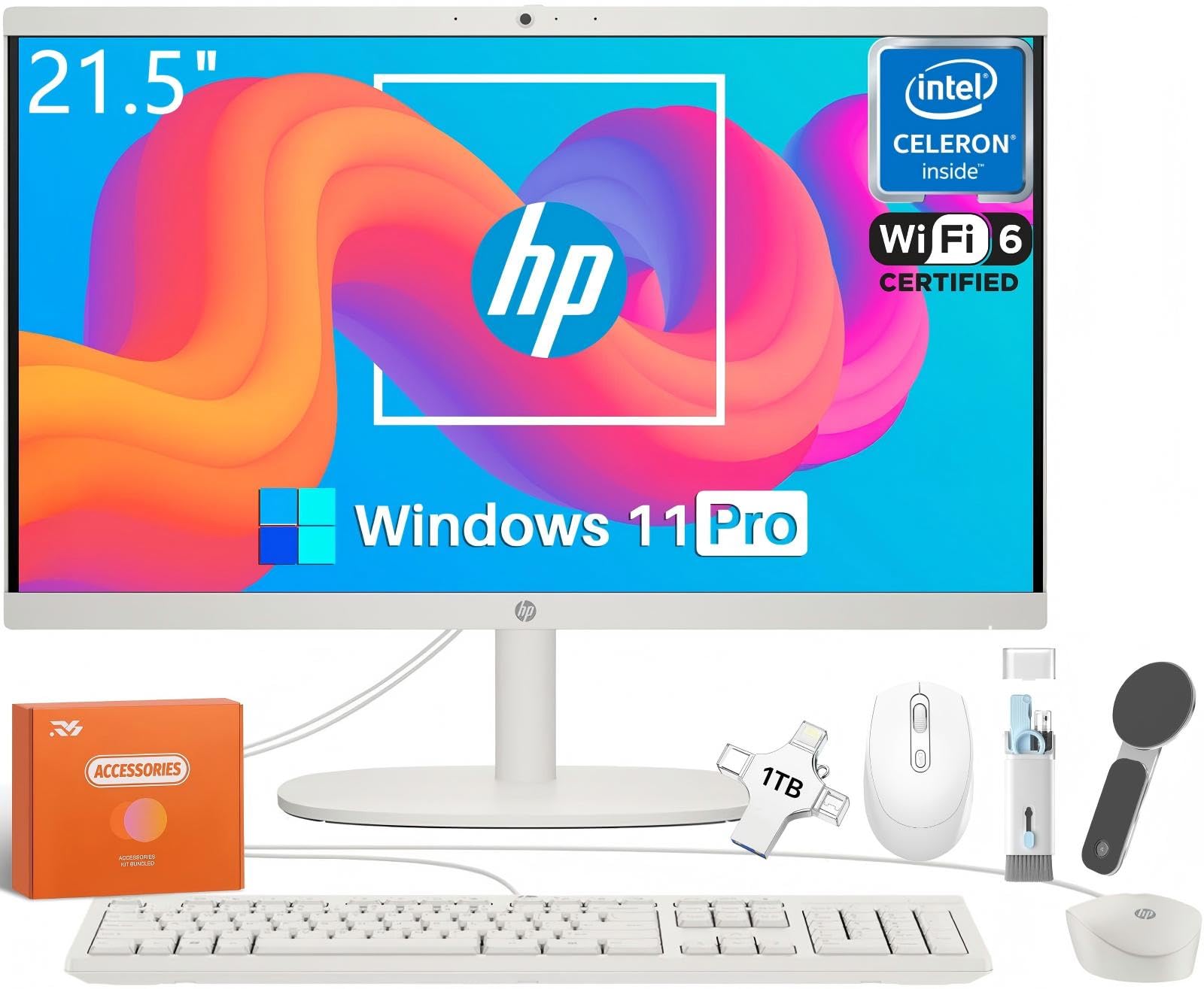 HP All in One Desktop Computer for Home, Intel Celeron J4025, 21.5 inch FHD Anti-Glare, WiFi 6, 32 GB DDR4, 1 TB SSD, 1TB USB Flash Drive, Home PC, Wired KB & Mouse, Windows 11 Pro, W/Accessories