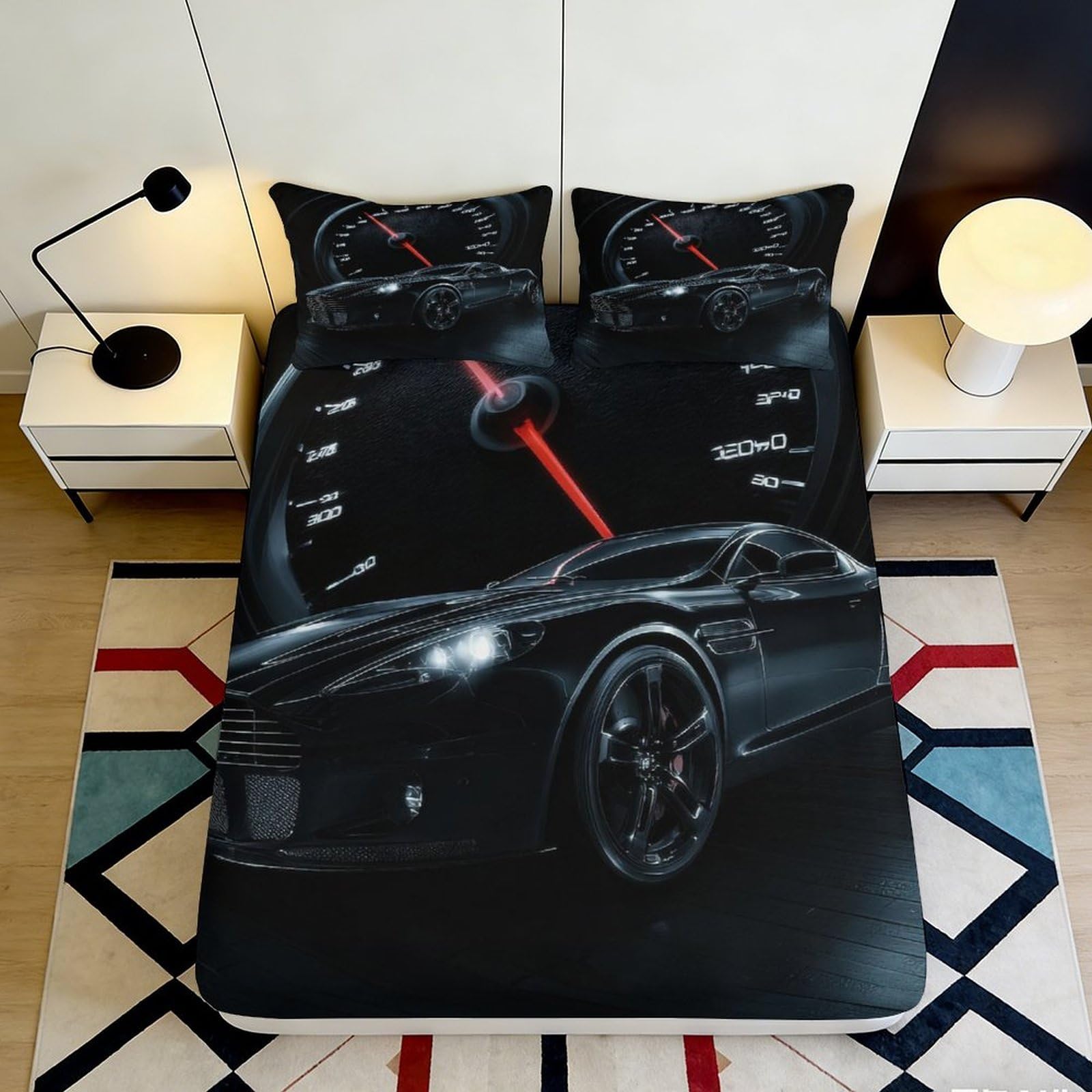 3D Printed Racing Car Fitted Sheet Microfiber Deep Pocket Non-Slip Bedroom Bedding Racing Mattress Fitted Cover Elastic Hem Washable for Adults 120x200x25cm