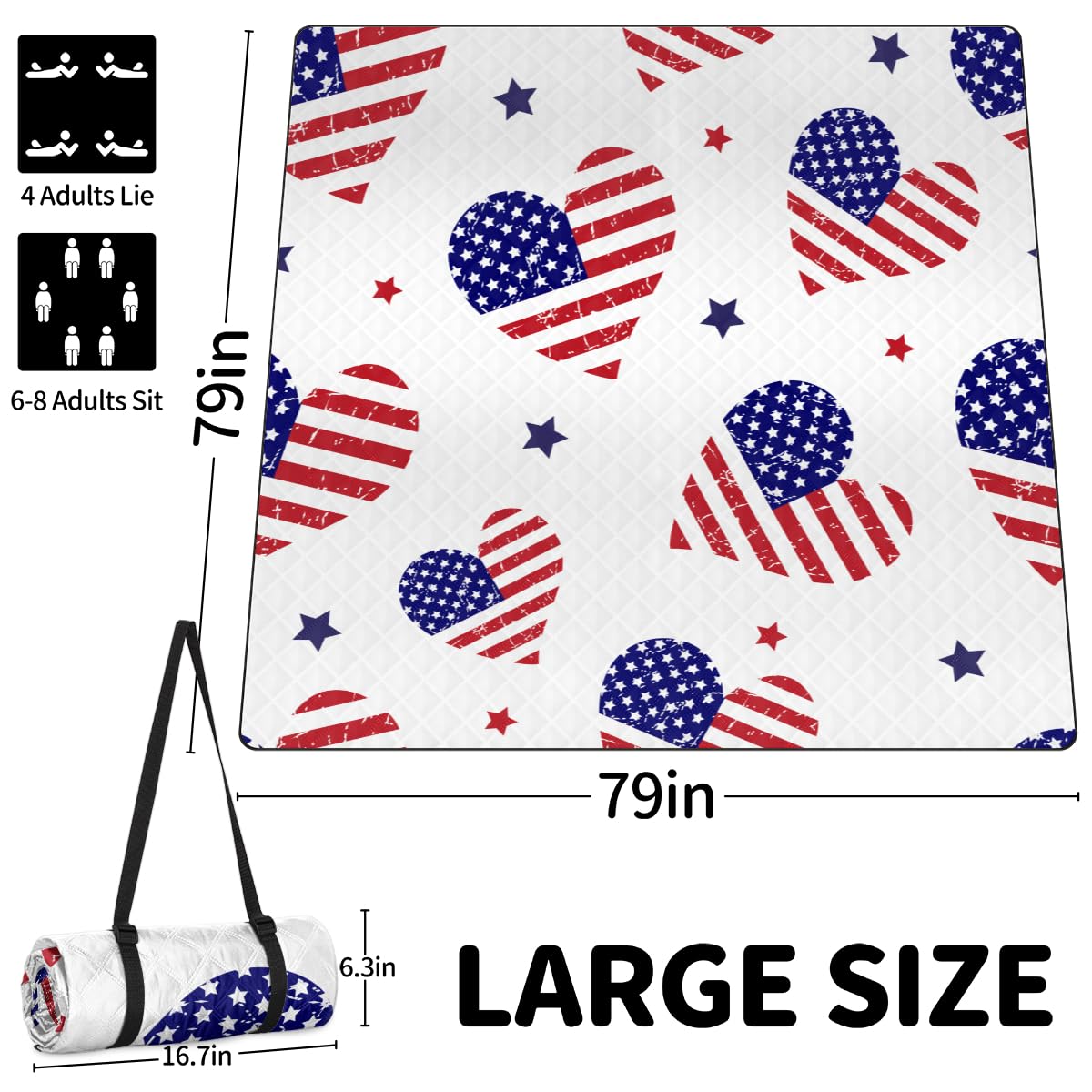 Shimoshe Extra Large Picnic Blankets 79”x 79”, Heart American Flag Waterproof Foldable Picnic Mat with Straps Portable Beach Blanket for Camping Park Grass Beach Indoor