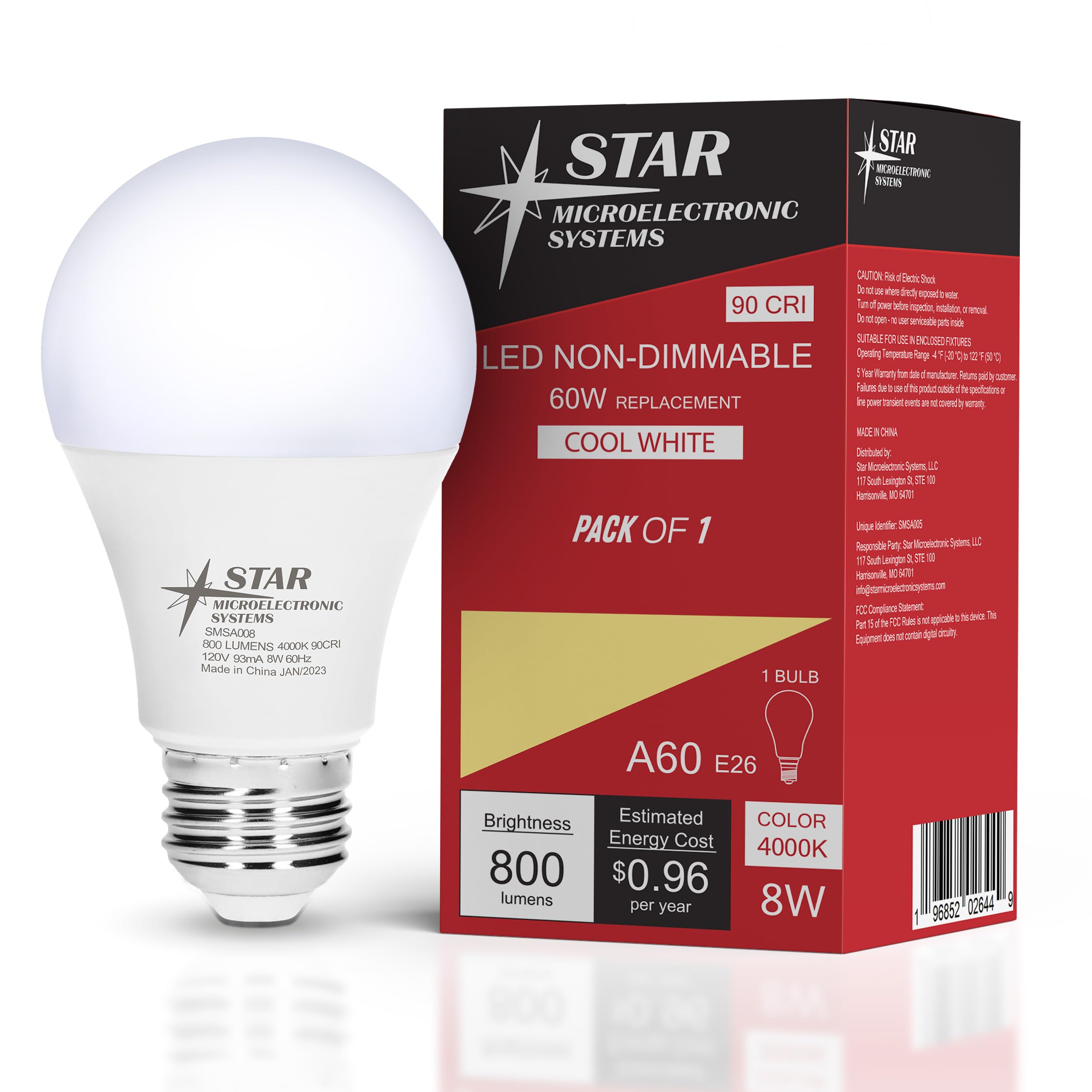 LED Light Bulb 90 CRI 800 Lumens 4000K 33 000Hrs A19 Non-Dimmable 1 Pack