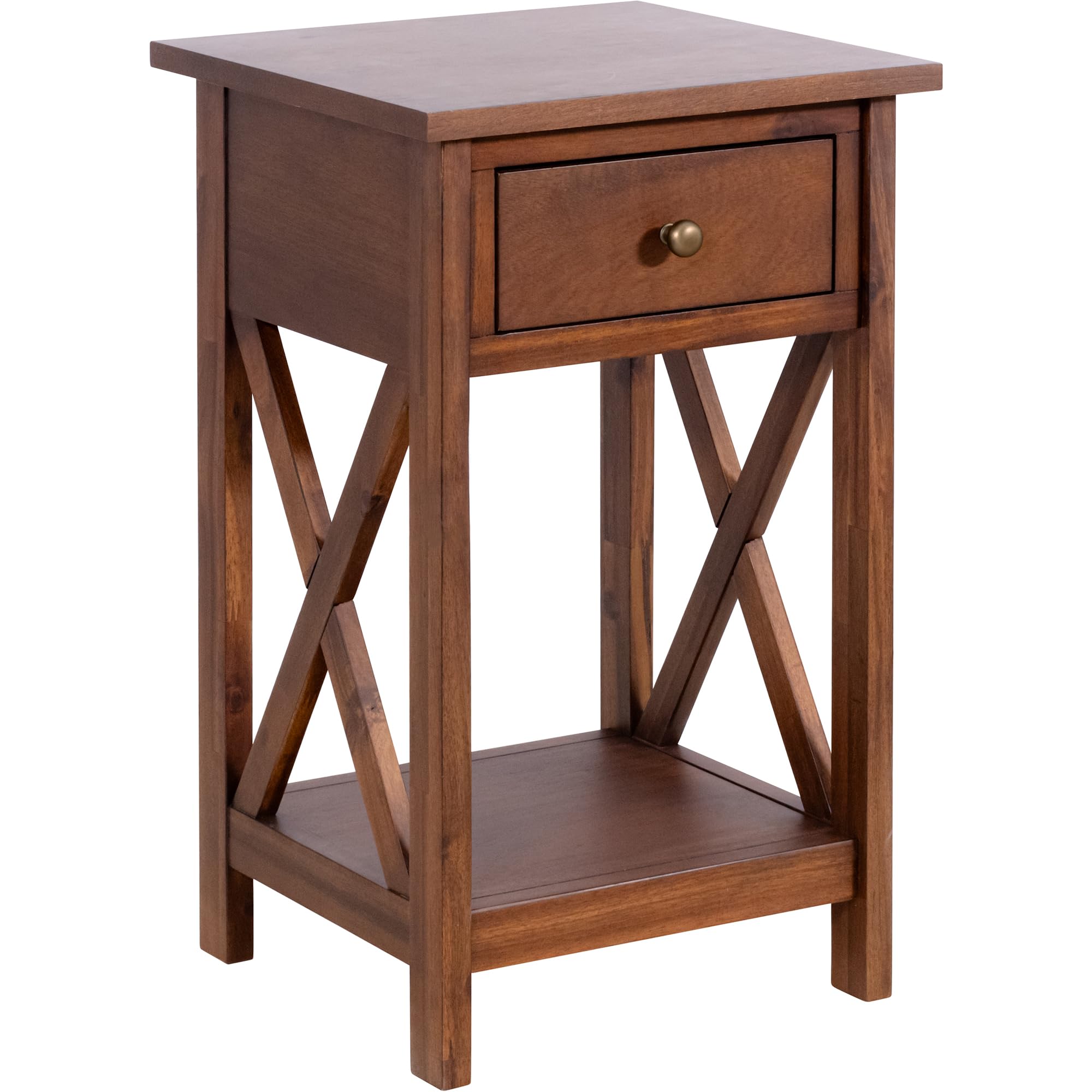 eHemco X-Side Rathe Nightstand End Table Side Table with Drawer and Storage Shelf, Coffee