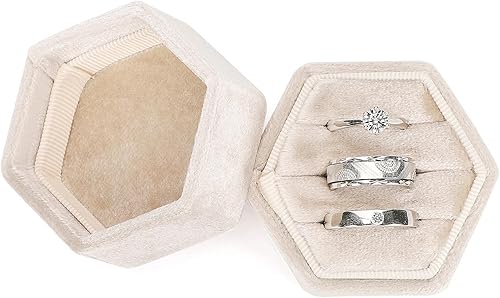 WantGor Caja de anillos de terciopelo para joyería caja de regalo de anillo hexagonal con 3 ranuras vitrina de anillo vintage para ceremonia de boda