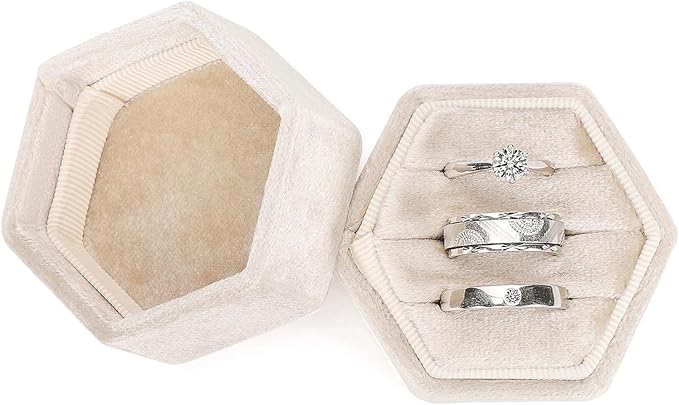 WantGor Velvet Jewelry Ring Box, 3 Slots Hexagon Ring Gift Box Vintage Ring Display Holder Case for Wedding Ceremony Proposal Engagement (Beige, 3 Slots)