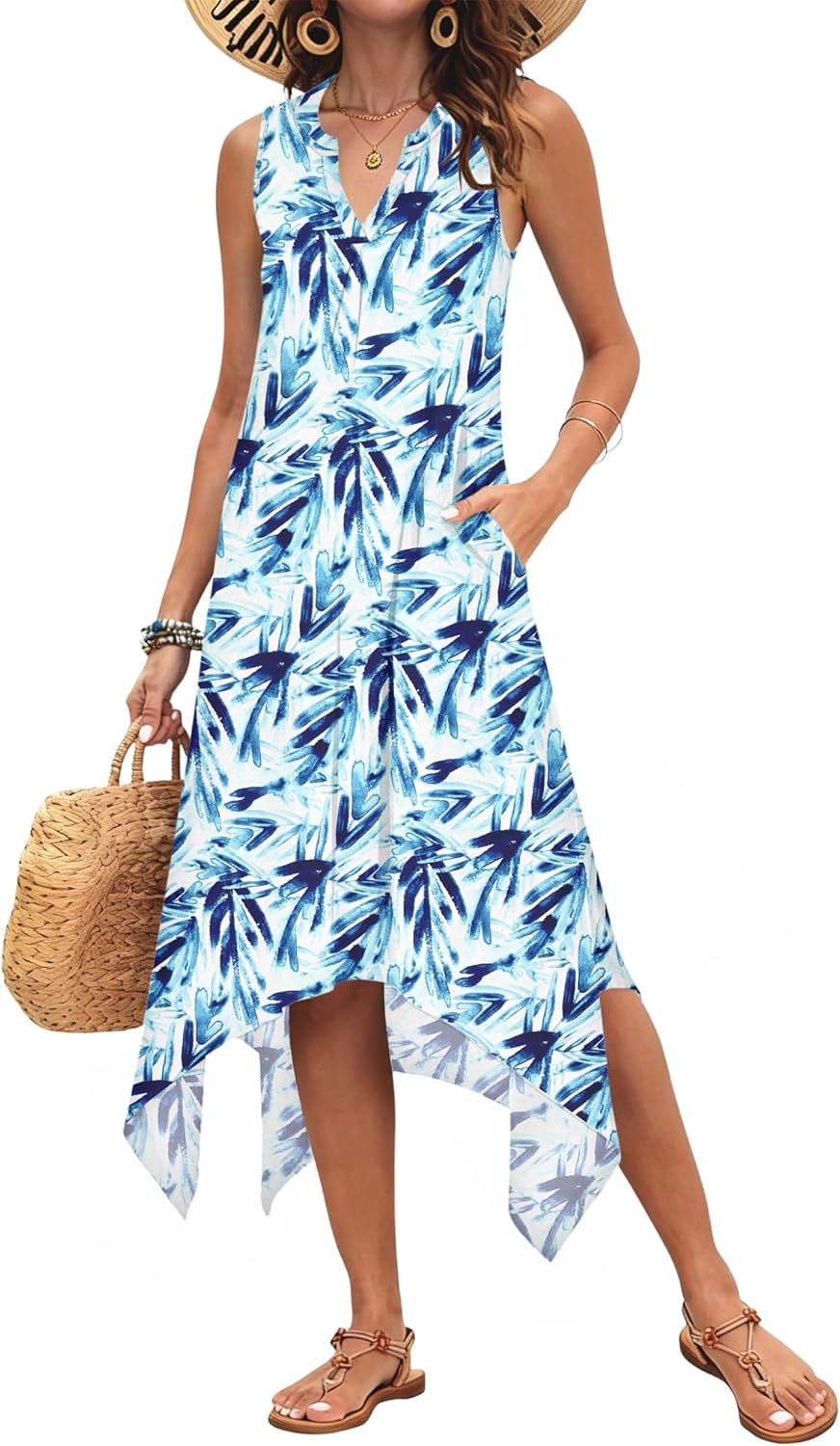 AUSELILY Summer Dresses for Women 2026 Casual Sleeveless Sundress Asymmetrical Hem Tank Midi Dress with Pockets