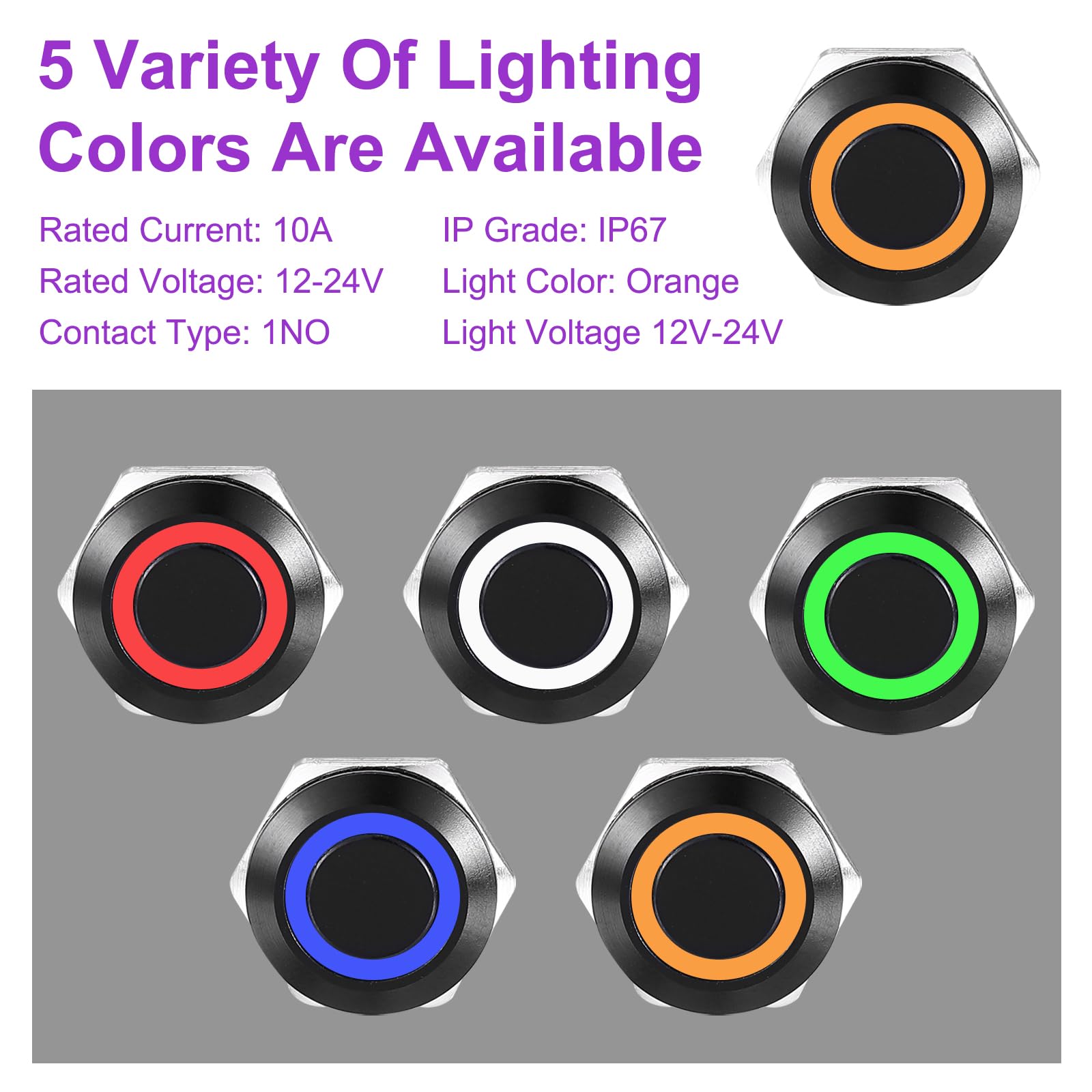 DMiotech 1 Pcs 16mm / 5/8" Stainless Steel Latching Push Button Switch 1NO 10A 12-24V Silver Button Orange Ring Lamp with Socket Plug with Wire for Car Boat Systems Custom Setups - Image 3