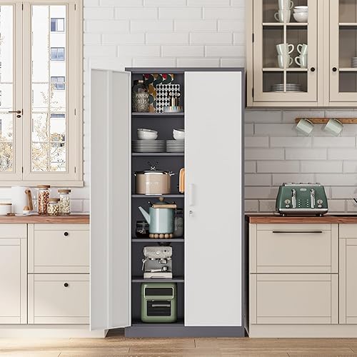 Miniatura 37 de Armario de almacenamiento de metal de 71 pulgadas con cerradura, resistente, gabinetes de herramientas de garaje con puertas y estantes, gabinete