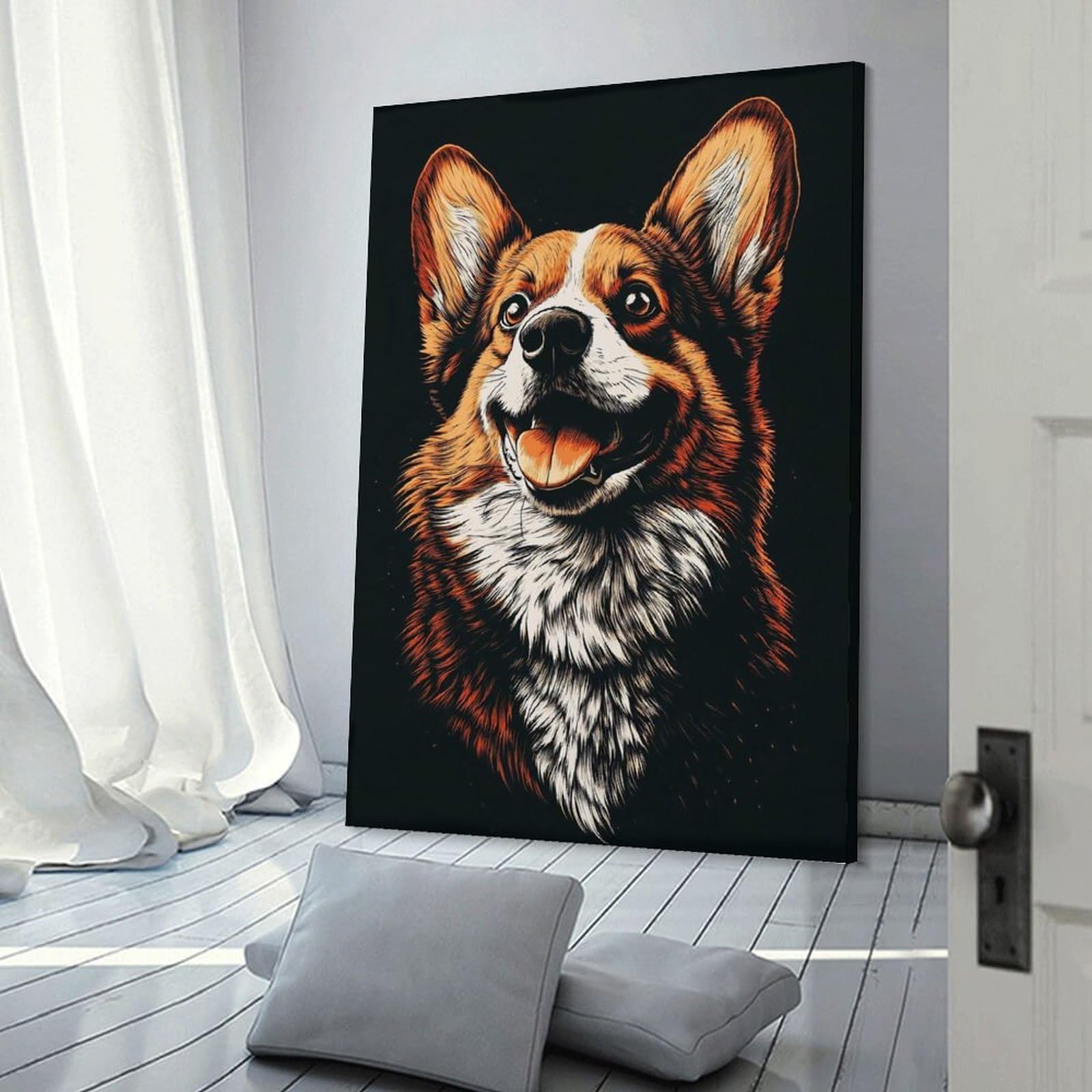 Junmoney Decorative Canvas Print Happy Corgi Dog Portrait, 08x12inch(20x30cm), for Home Office, Desk Area Or Studio, Home Office Artwork with Decorative Appeal