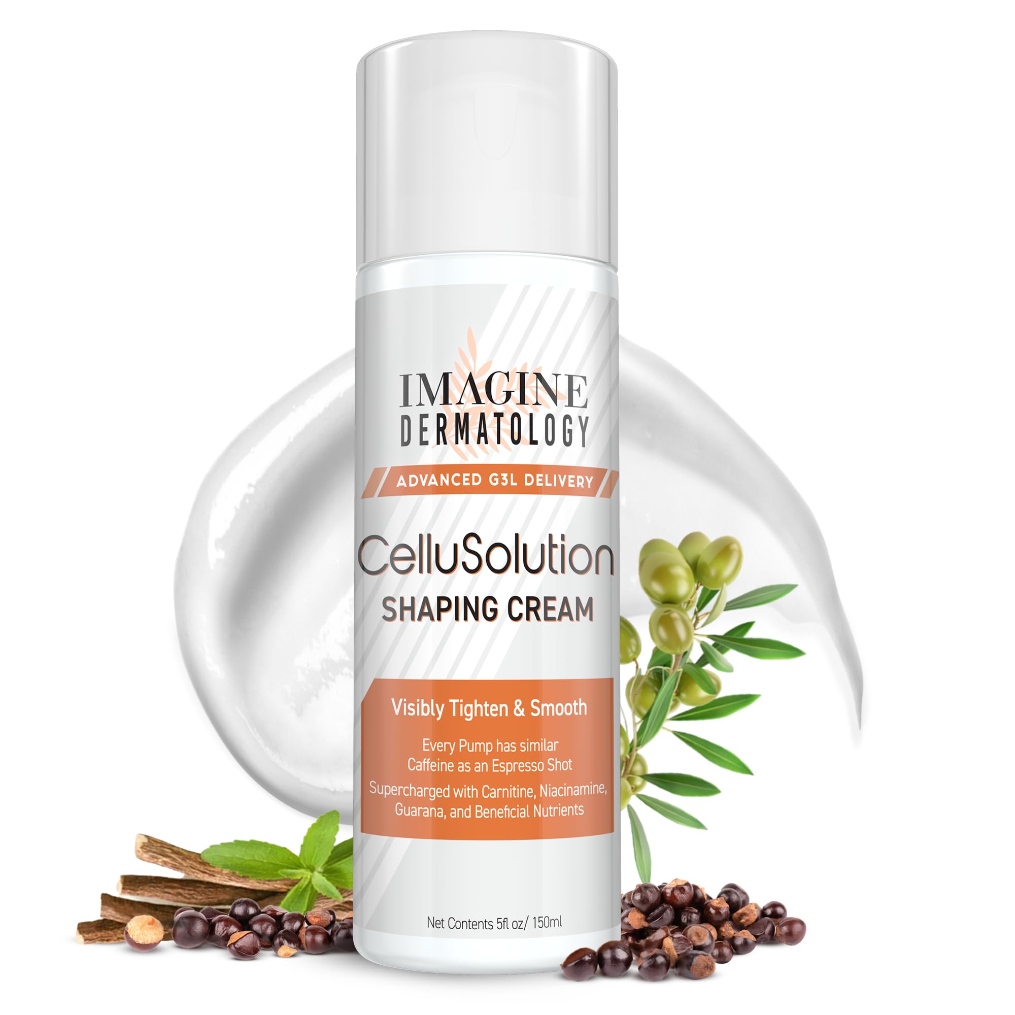 CelluSolution Caffeine Body Cream – Caffeine, Guarana, Licorice, & Niacinamide with Hyaluronic Acid, Hydrating Skin Cream Mess-Free Pump Bottle, 150ml