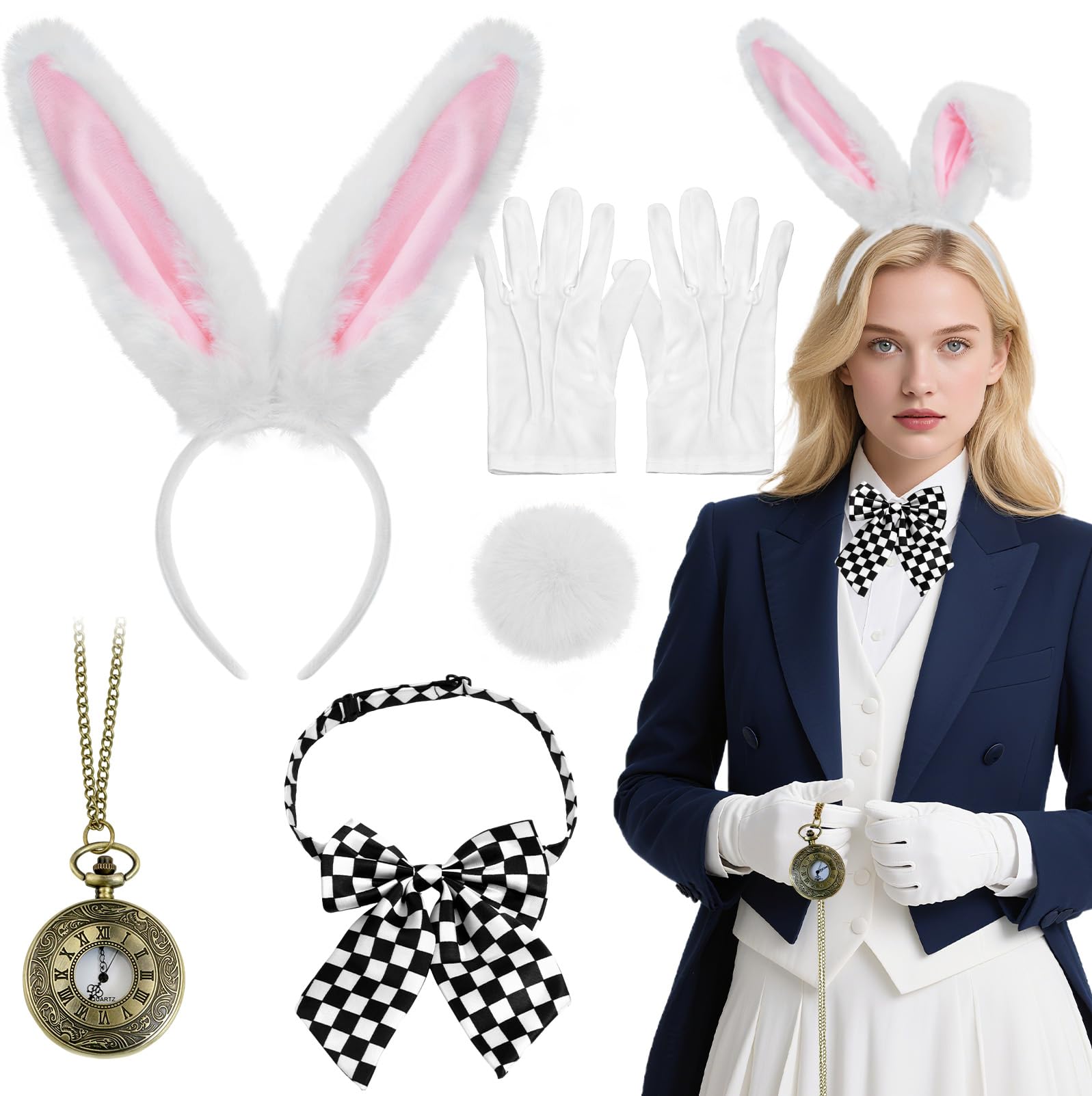 Disfraz de Orejas de Conejo, Set de Accesorios de Conejita de 5 Piezas con Diadema, Lazo, Cola, Guantes y Reloj de Bolsillo para Mujeres y Cosplay