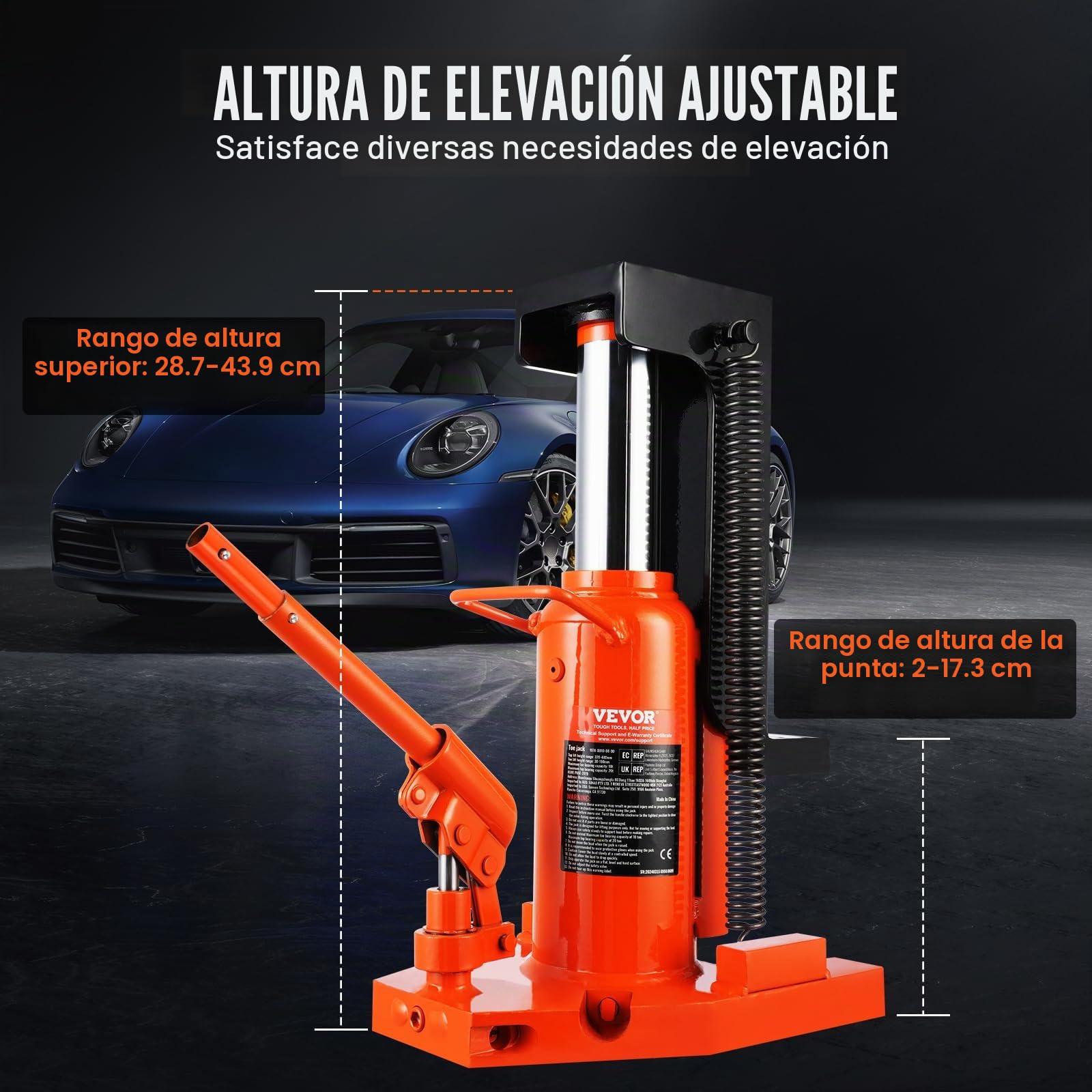 VEVOR Gato hidráulico, plataforma elevadora de 5 t en la punta, capacidad de elevación de 10 t en la punta, altura de los dedos de 20 a 173 mm, altura superior de 287 a 440 mm, gato hidráulico de aire