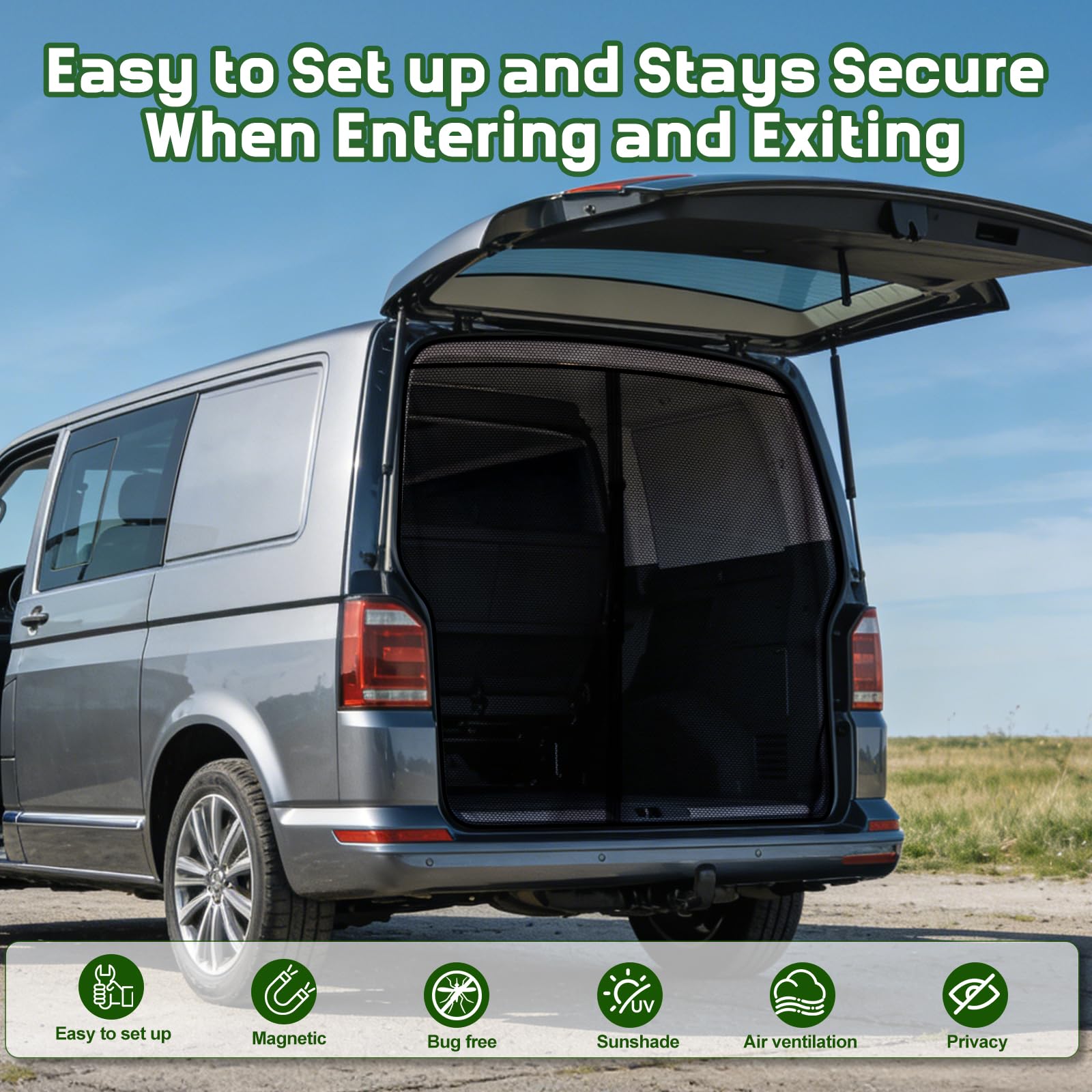 YGYQZ Magnetyczna ochrona przed owadami do VW T5 T6 klapa tylna, magnetyczna zasłona oddzielająca z 3 systemami zamków błyskawicznych, ochrona przed słońcem i wentylacją na kempingu, w podróży i w