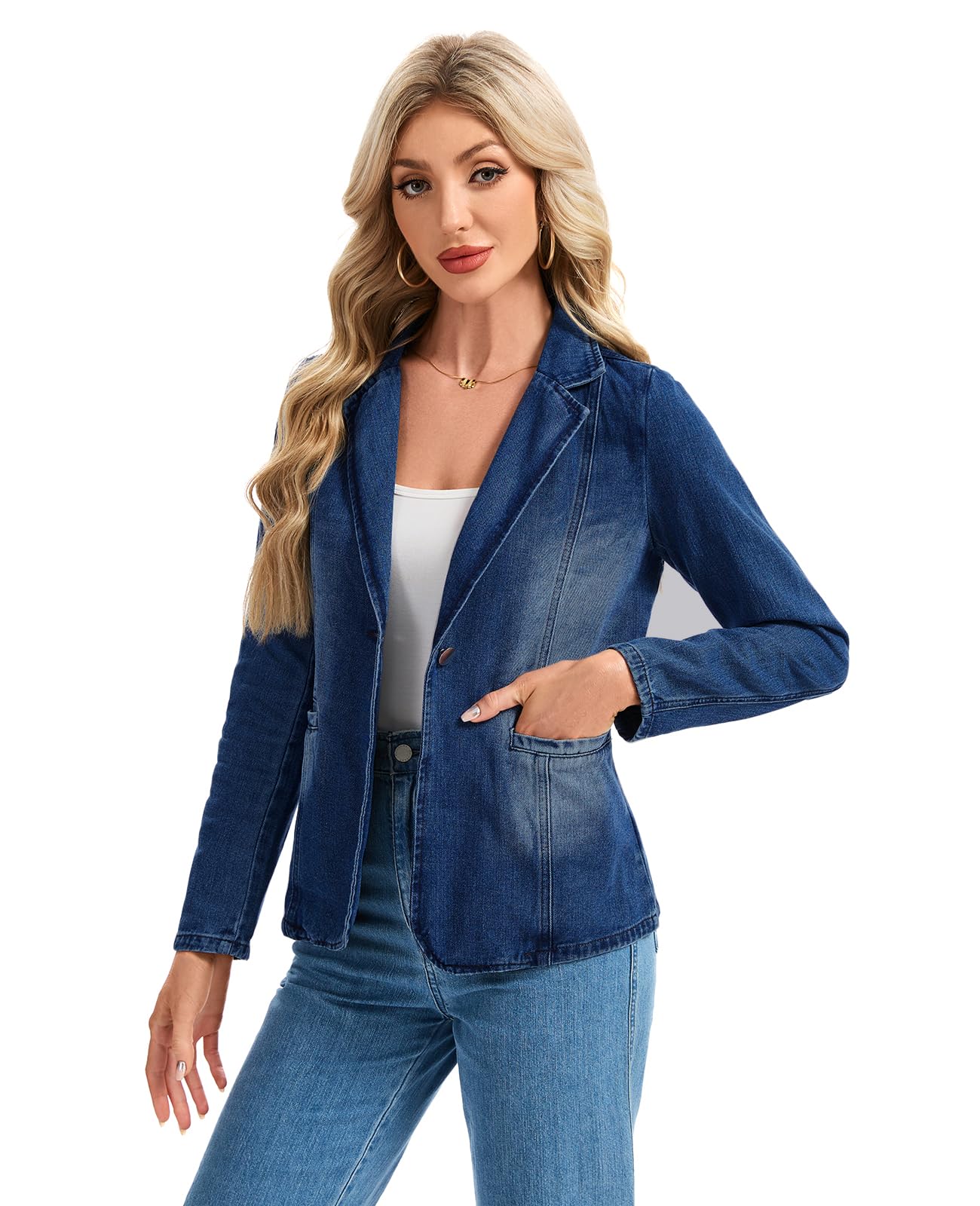 Blazer da donna in denim classico con risvolto tacca un bottone manica lunga slim ufficio denim giacca di jeans