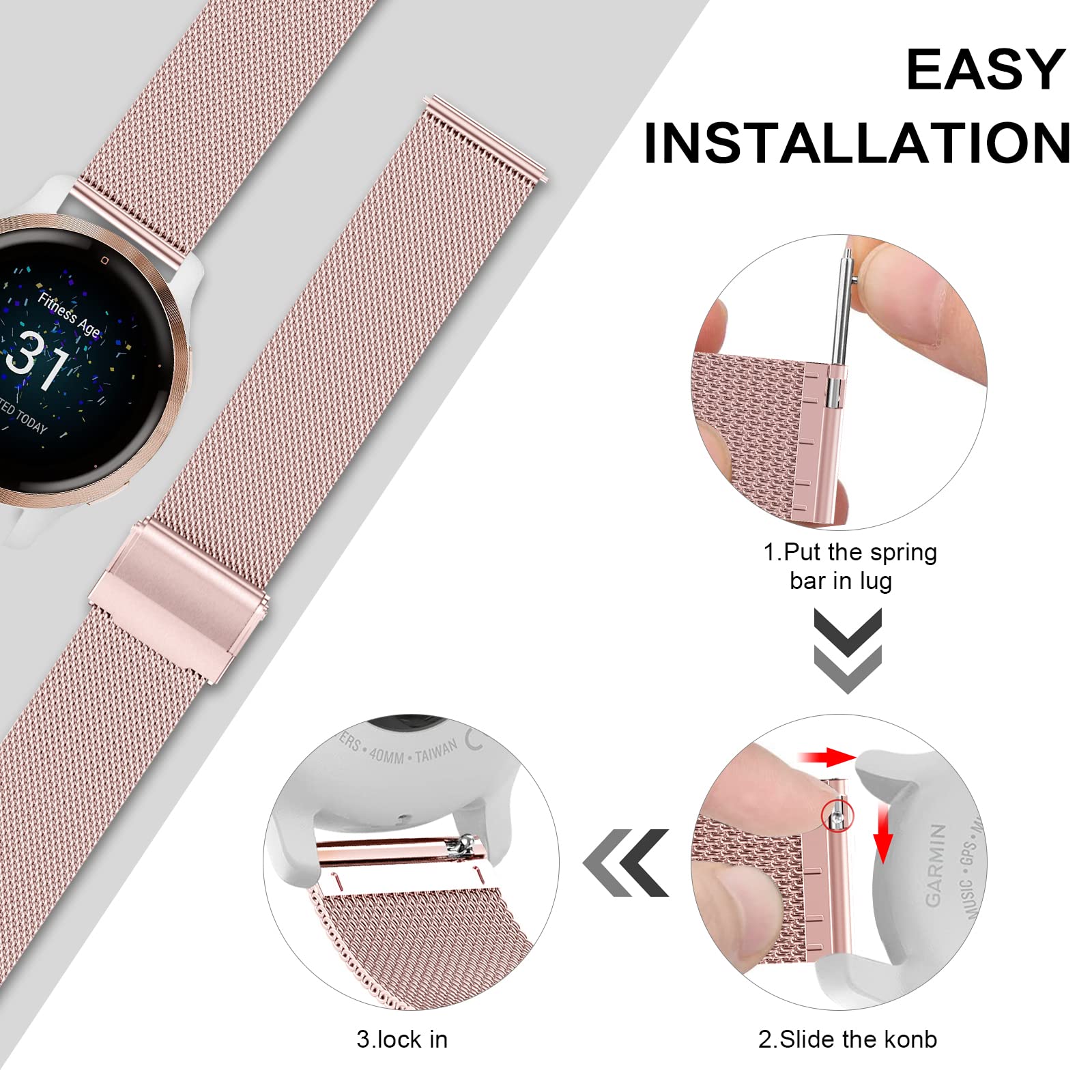 Strap for Garmin Venu 2S, 18mm Stainless Steel Metal Replacement Strap for Vivoactive 4S 40mm, Forerunner 255S, 255S Music - Image 4