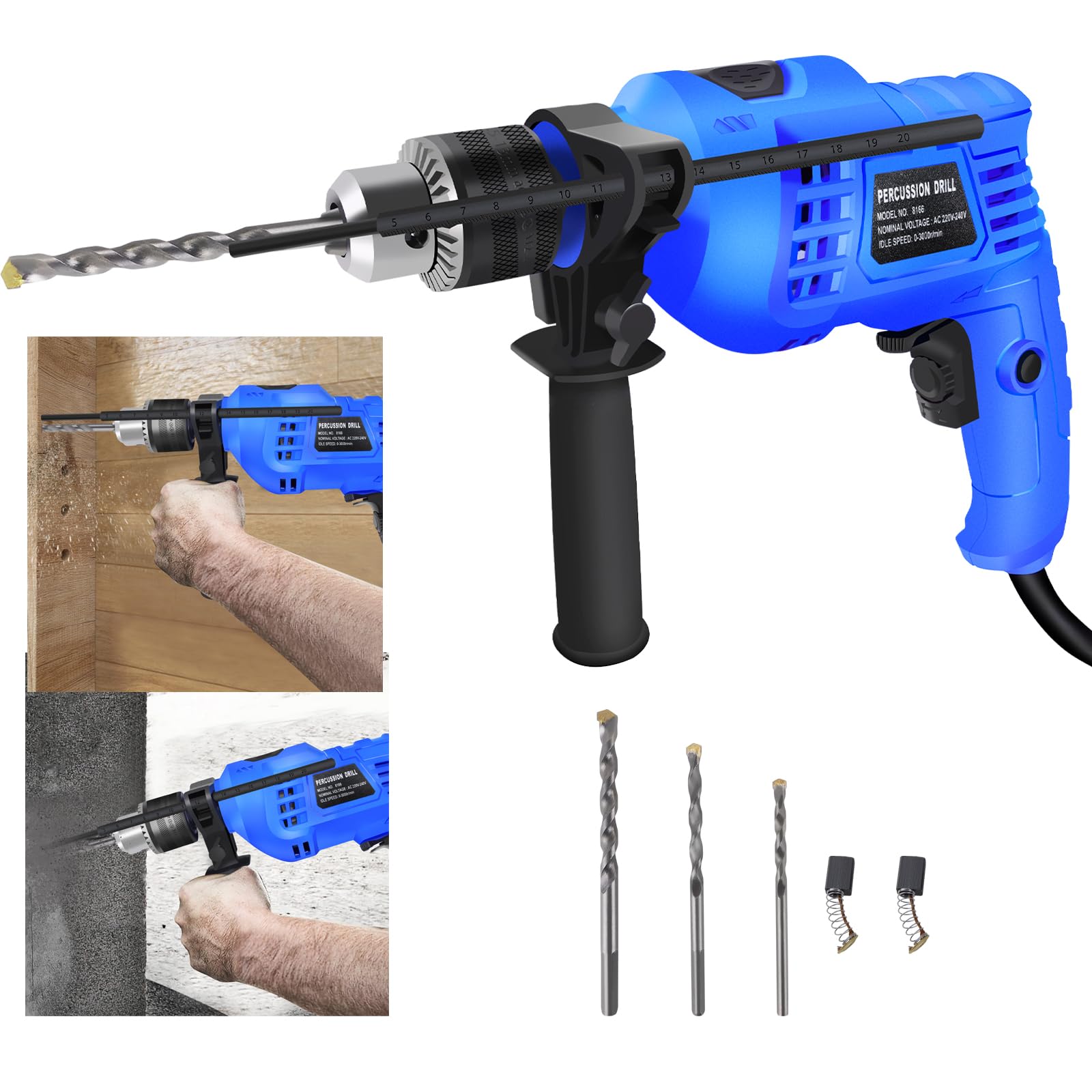 Briefness 850W Hammer Drill, Electric Corded Drill Impact Drill With Drill Bits Set, 3000Rpm Variable Speeds, 360° Rotating Handle, For Brick, Steel, Concrete, Masonry, Wood