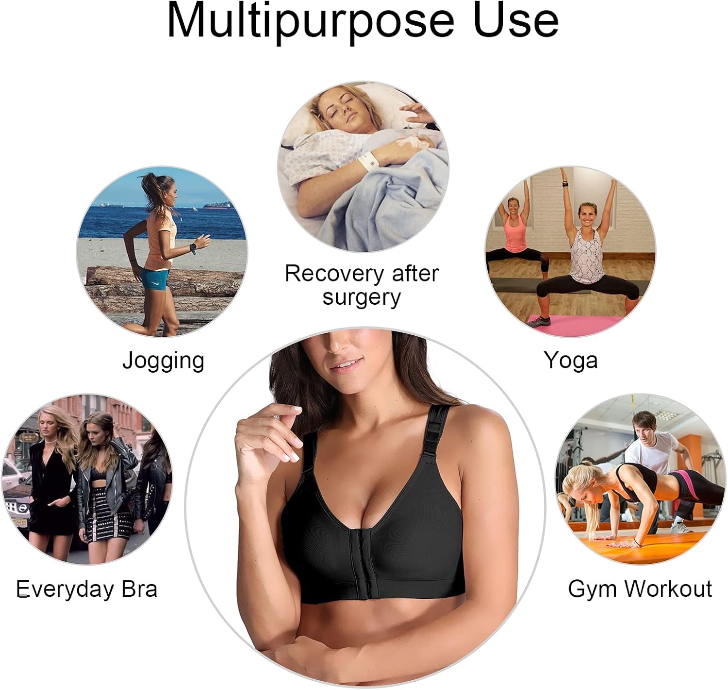 YIANNA Women Post Surgery Front Fastening Sports Bra with Wide Back