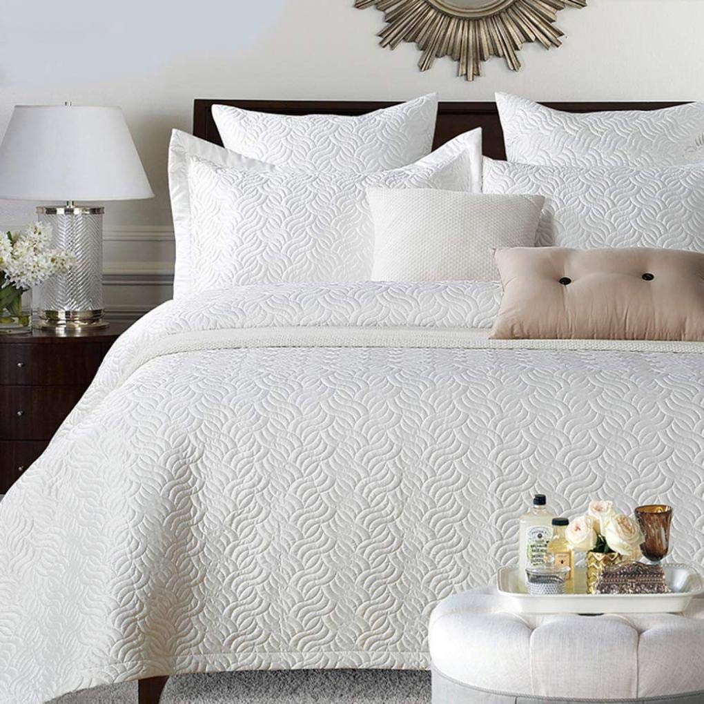 Sjdopulse White Reversible Quilted Bedspread With 2 Pillow Shams Cotton Embossed Pattern Coverlet Comforter, Yellow, 240X260cm