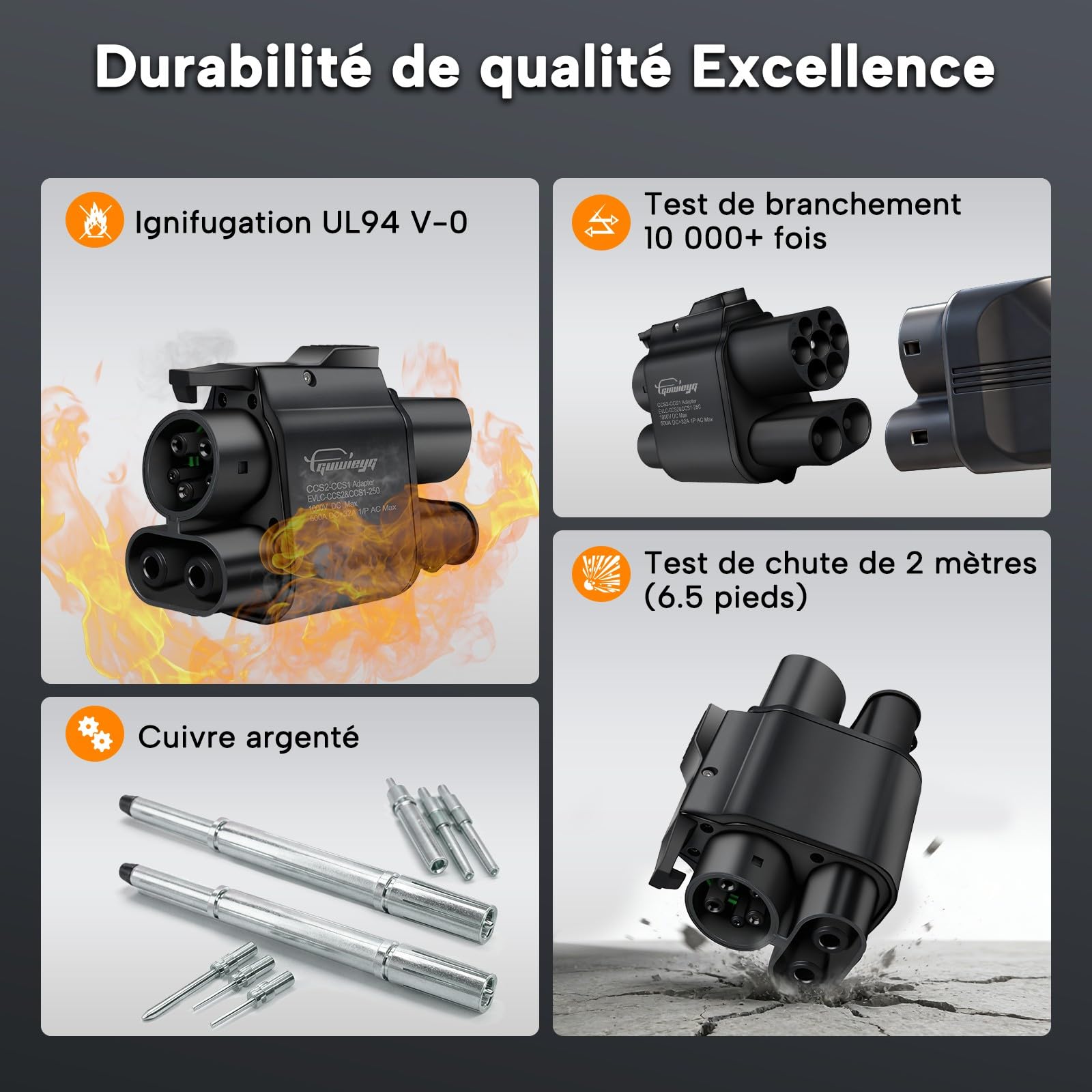 Adaptateur CCS2 vers CCS1, 1000V 500A, Adaptateur de Charge Rapide | Compatible avec la Charge AV et DC, Adaptateur pour Véhicules électriques IEC 62196 ver J1772, Type2 ver Type1, étanche IP54