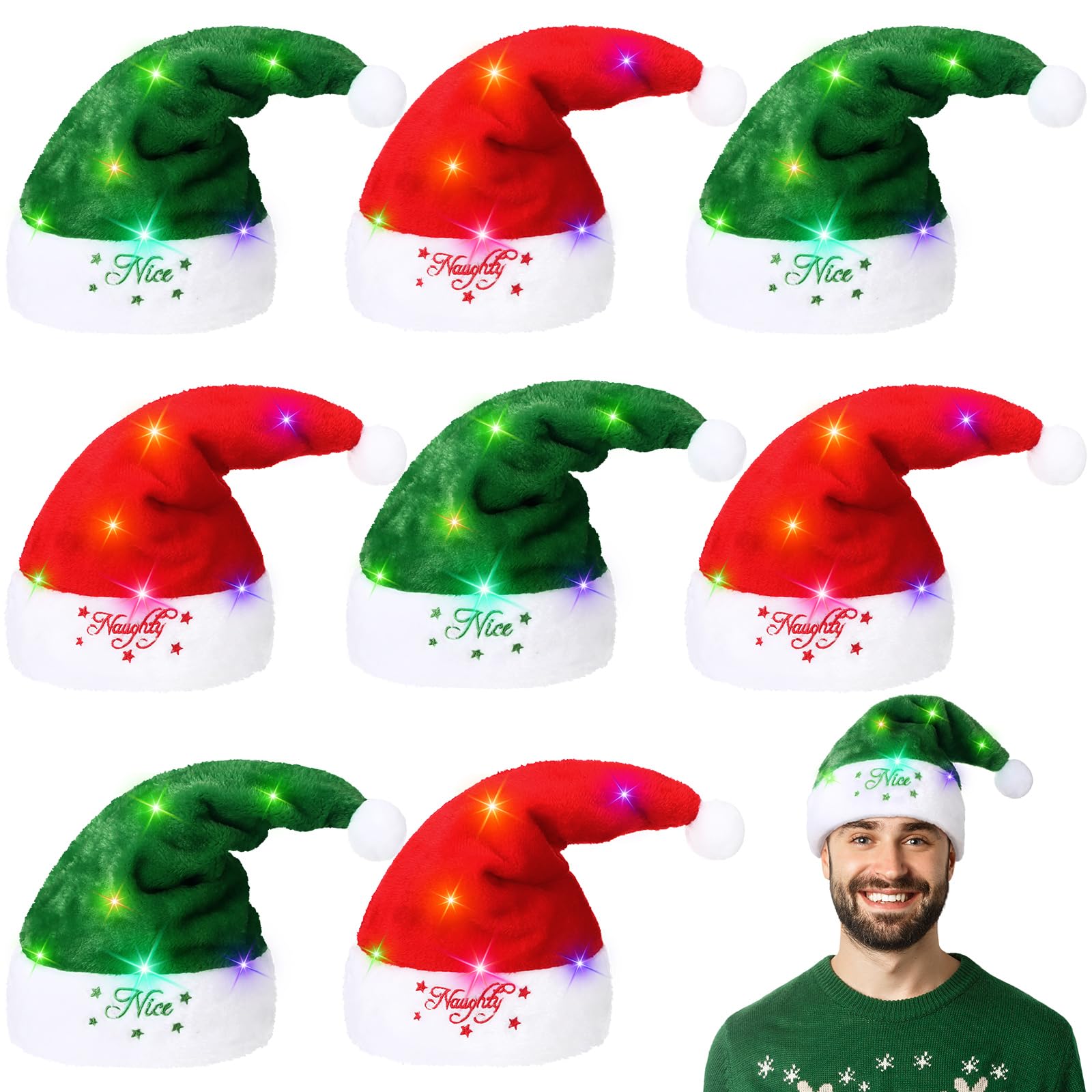 Poen 8 Pcs Light Up Christmas Santa Hats Adults Naughty and Nice Santa Hat Funny Christmas Hats Soft Plush Xmas Hat with Colorful Lights for Women Men Holiday Xmas Party Supplies