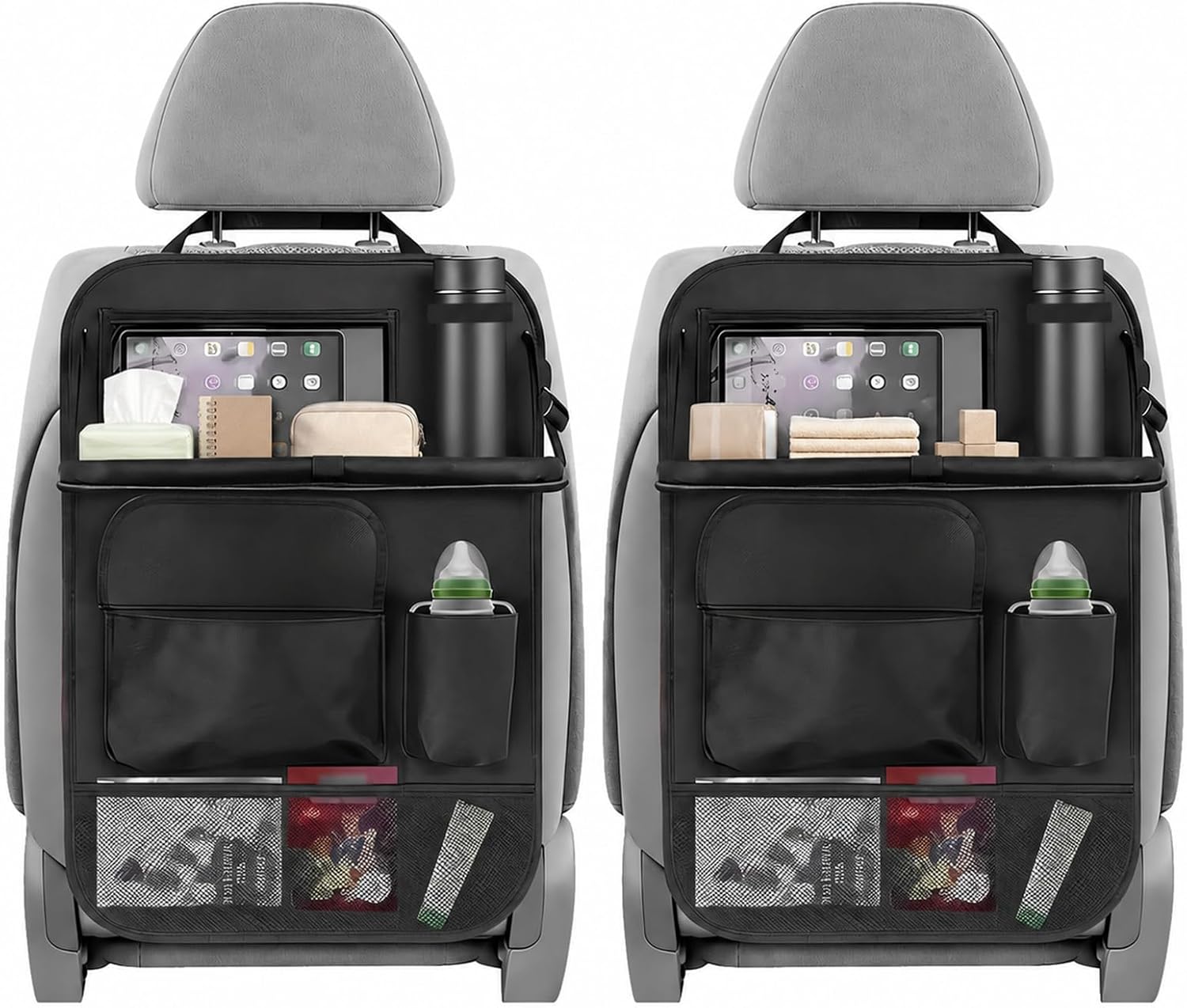 2PCS Car Backseat Organizer with Foldable Table Tray, 5 Storage Pockets Auto Seat Back Protector w/Tablet Holder, Back Seat Cover Storage Organizer Kick Mats for Most Cars